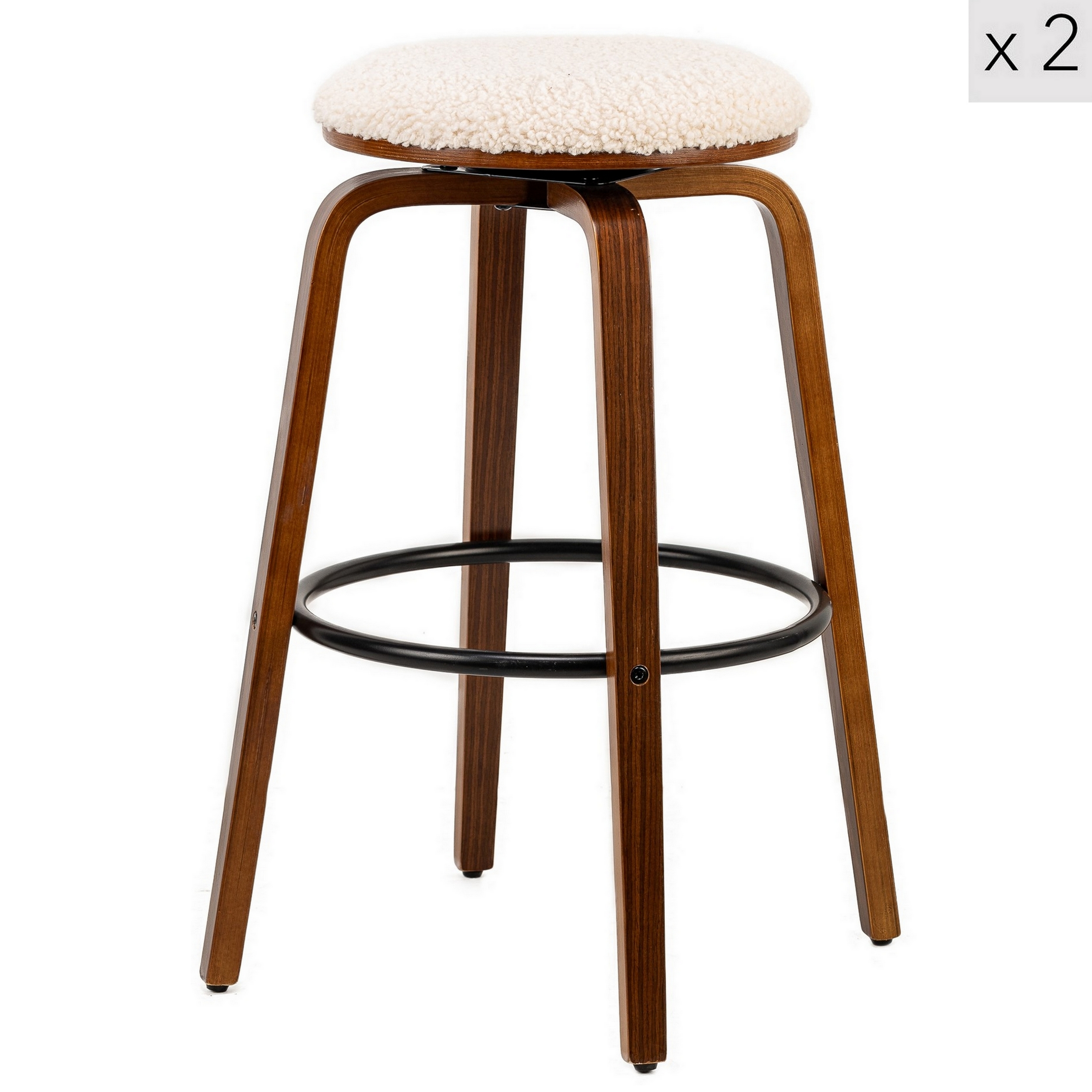 Lot de 2 tabourets de bar en frêne et bouclettes blanches