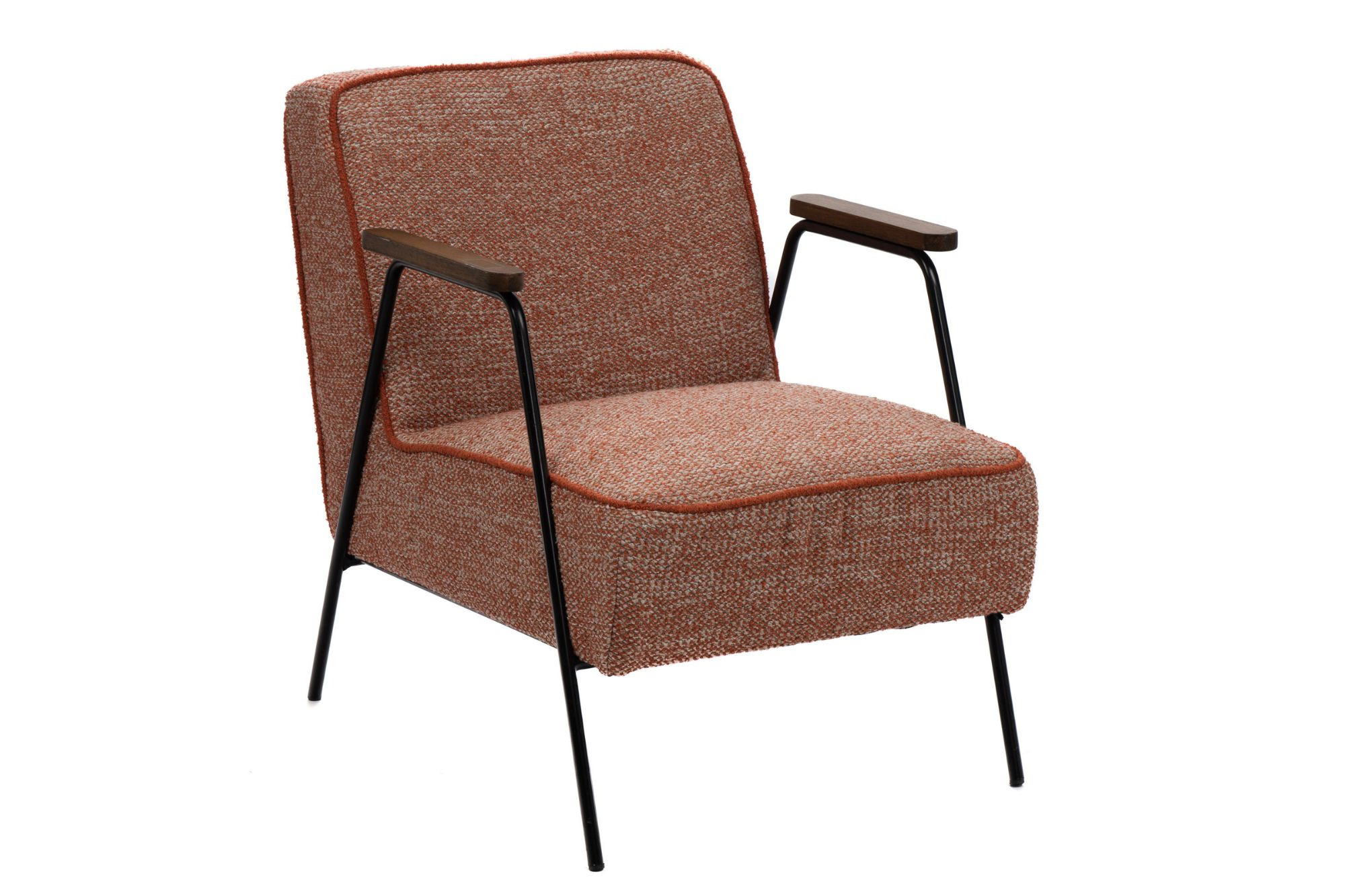 Fauteuil vintage en tissu chiné et pieds métal orange