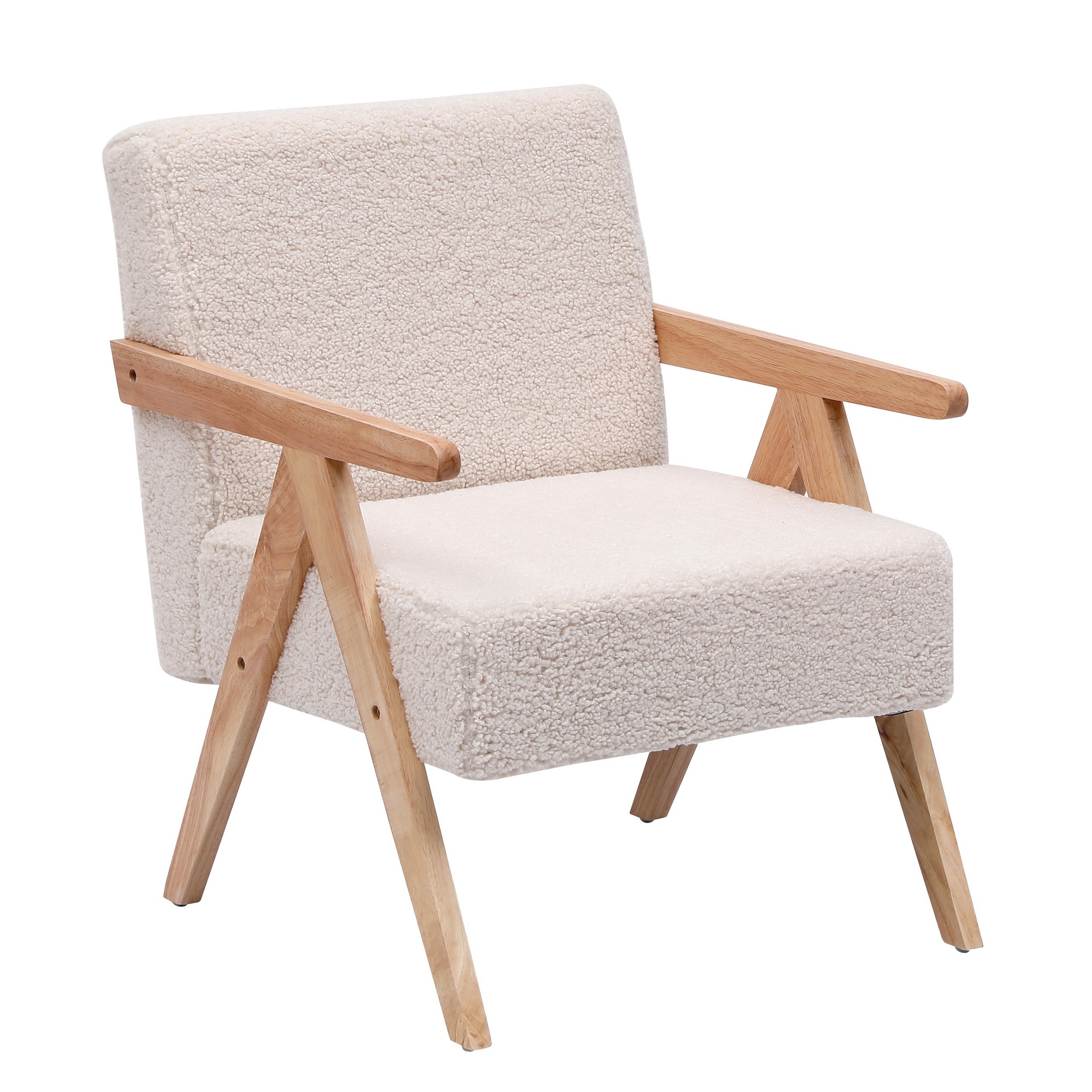 Fauteuil de salon en bois massif et bouclettes blanches