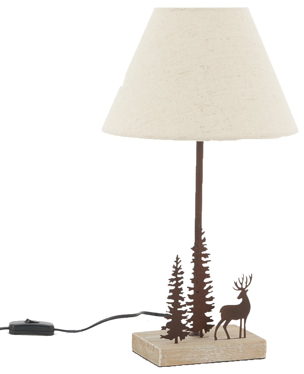 lampe en métal et bois décor forêt 1 cerf + 2 sapins