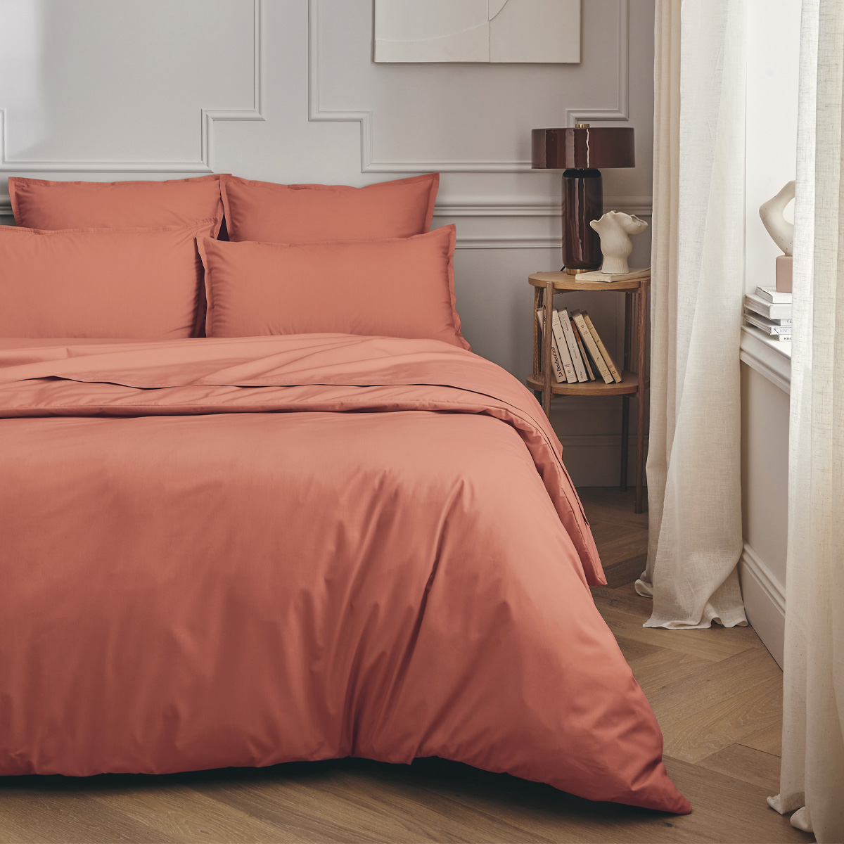 parure de lit en percale de coton rose corail 240x220