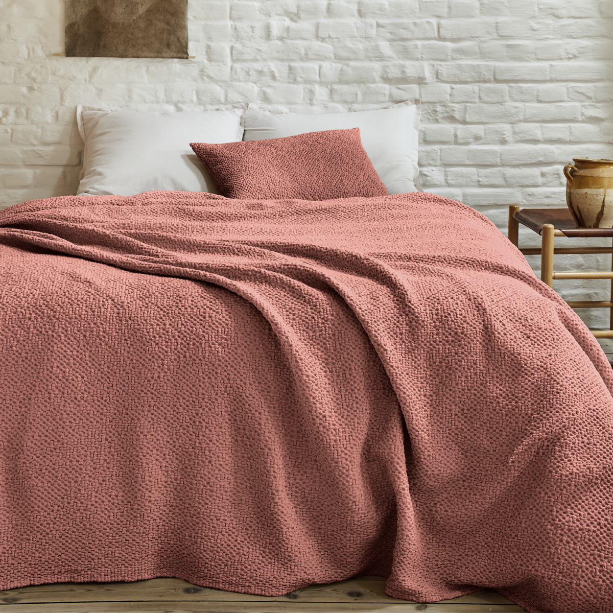 couvre lit en coton rose 260x240