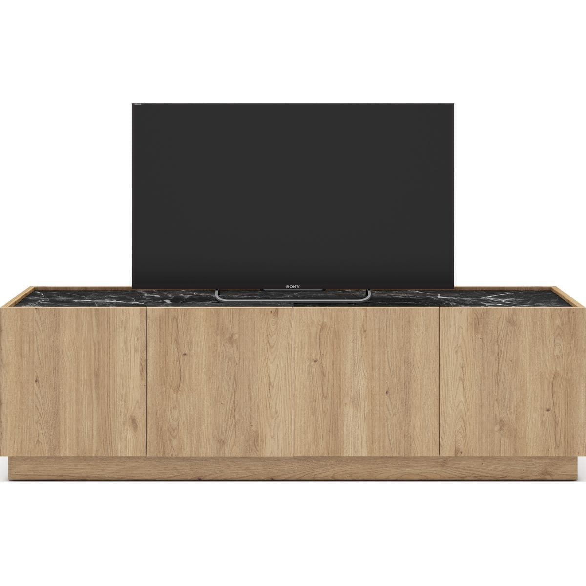 Meuble TV 4 portes effet bois et marbre noir 160 cm