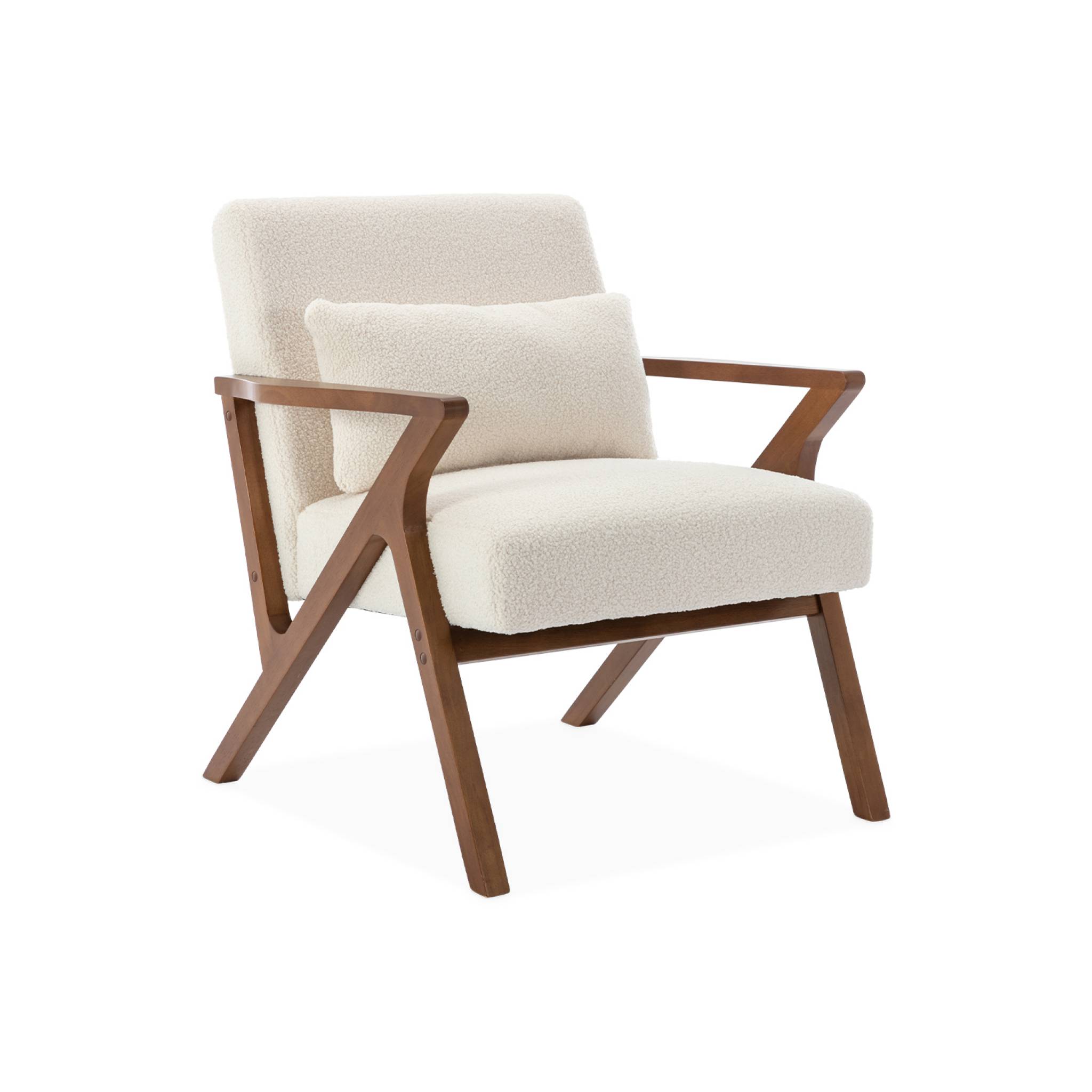 Fauteuil en bois d’hévéa, noyer clair et bouclette blanche
