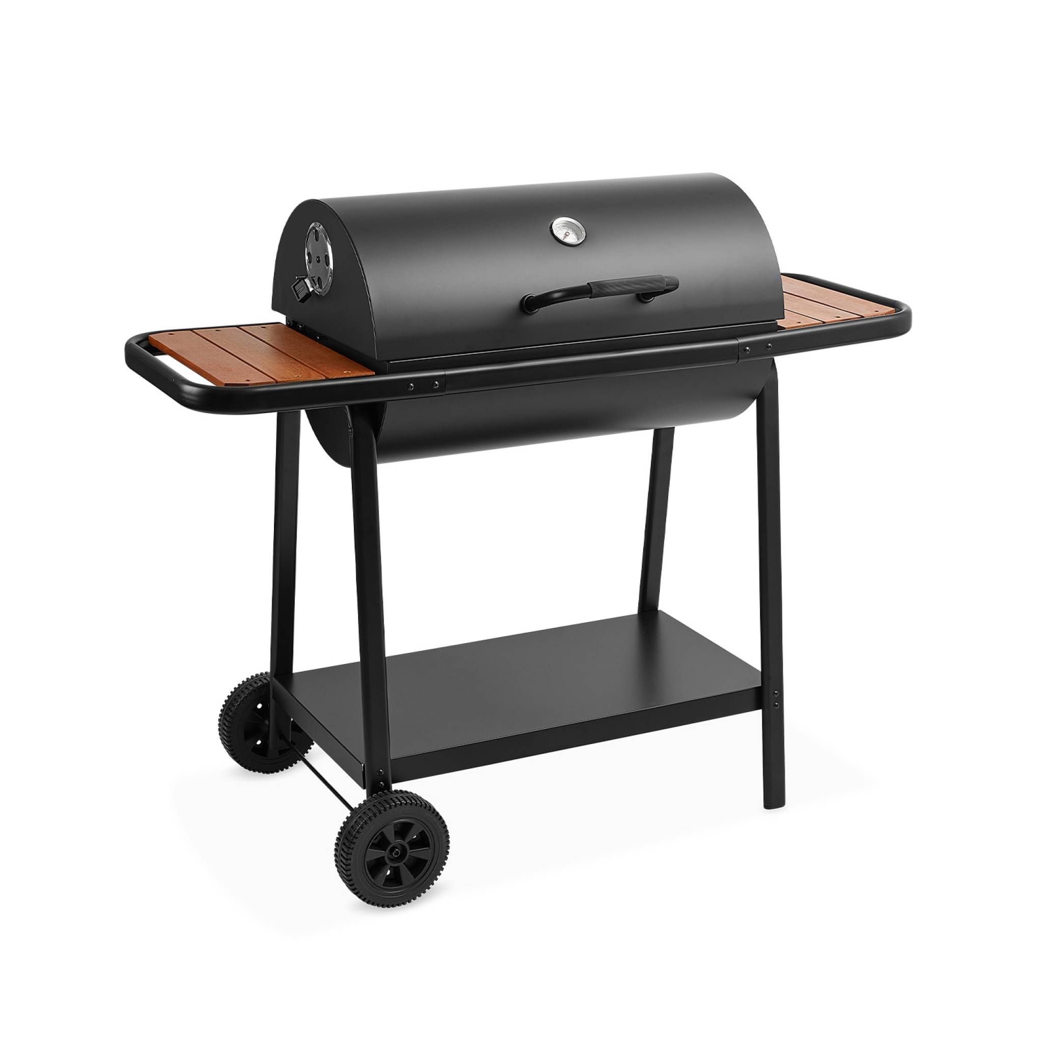 Barbecue noir charbon de bois, 2 tablettes en bois