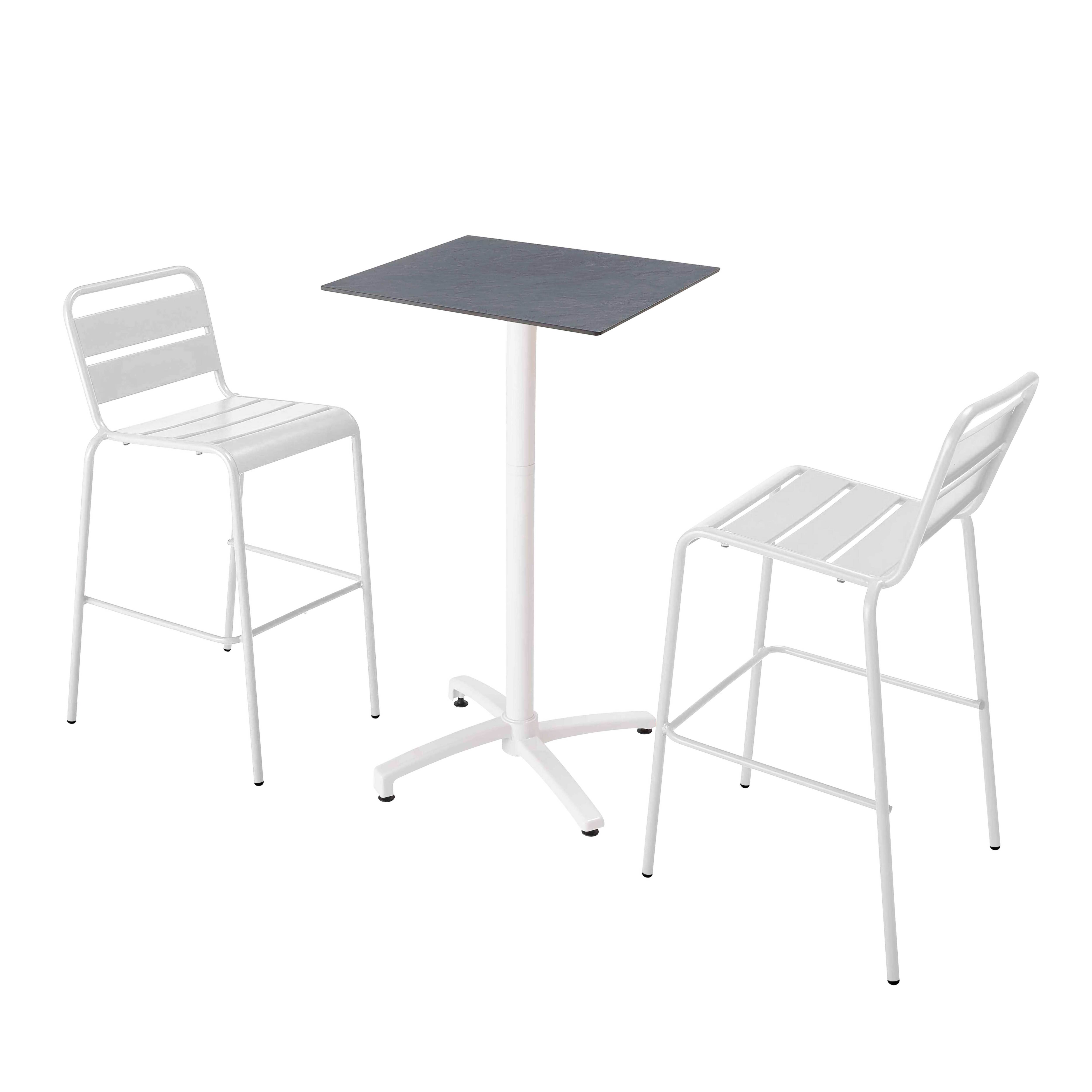 Ensemble table haute stratifié ardoise gris et 2 chaises hautes blanc