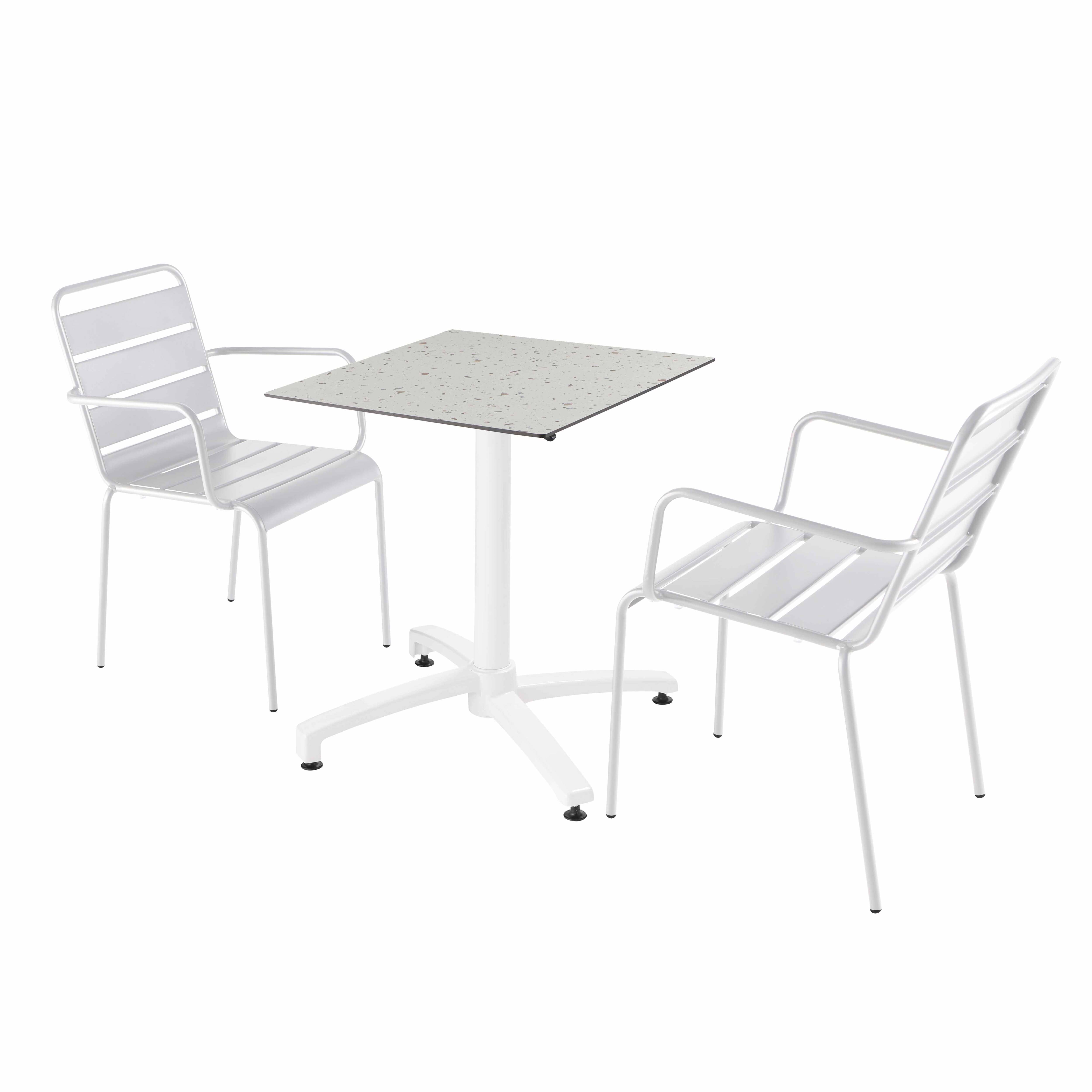 Ensemble table de terrasse stratifié marbre et 2 fauteuils blanc