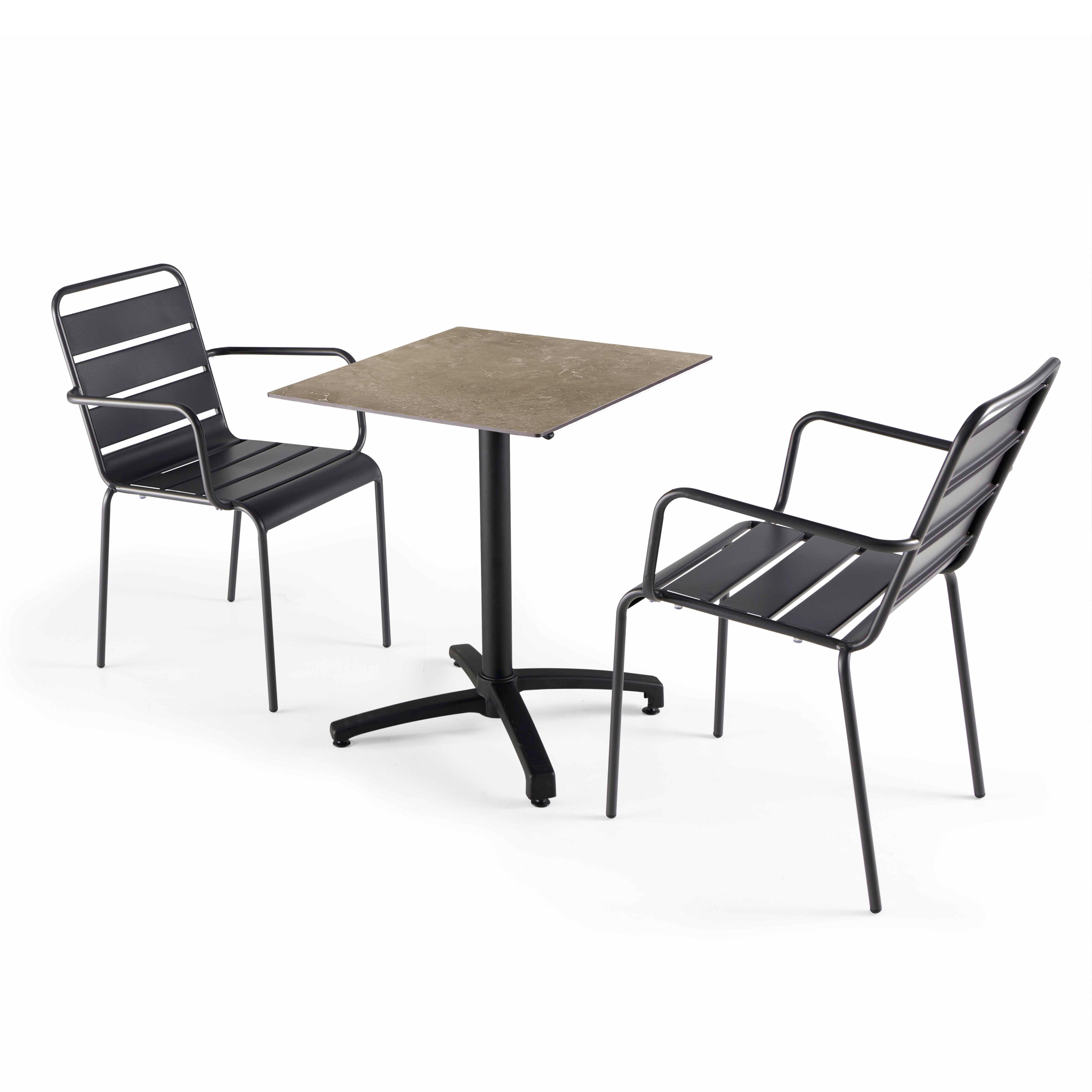 Ensemble table de jardin stratifié et 2 fauteuils en métal gris