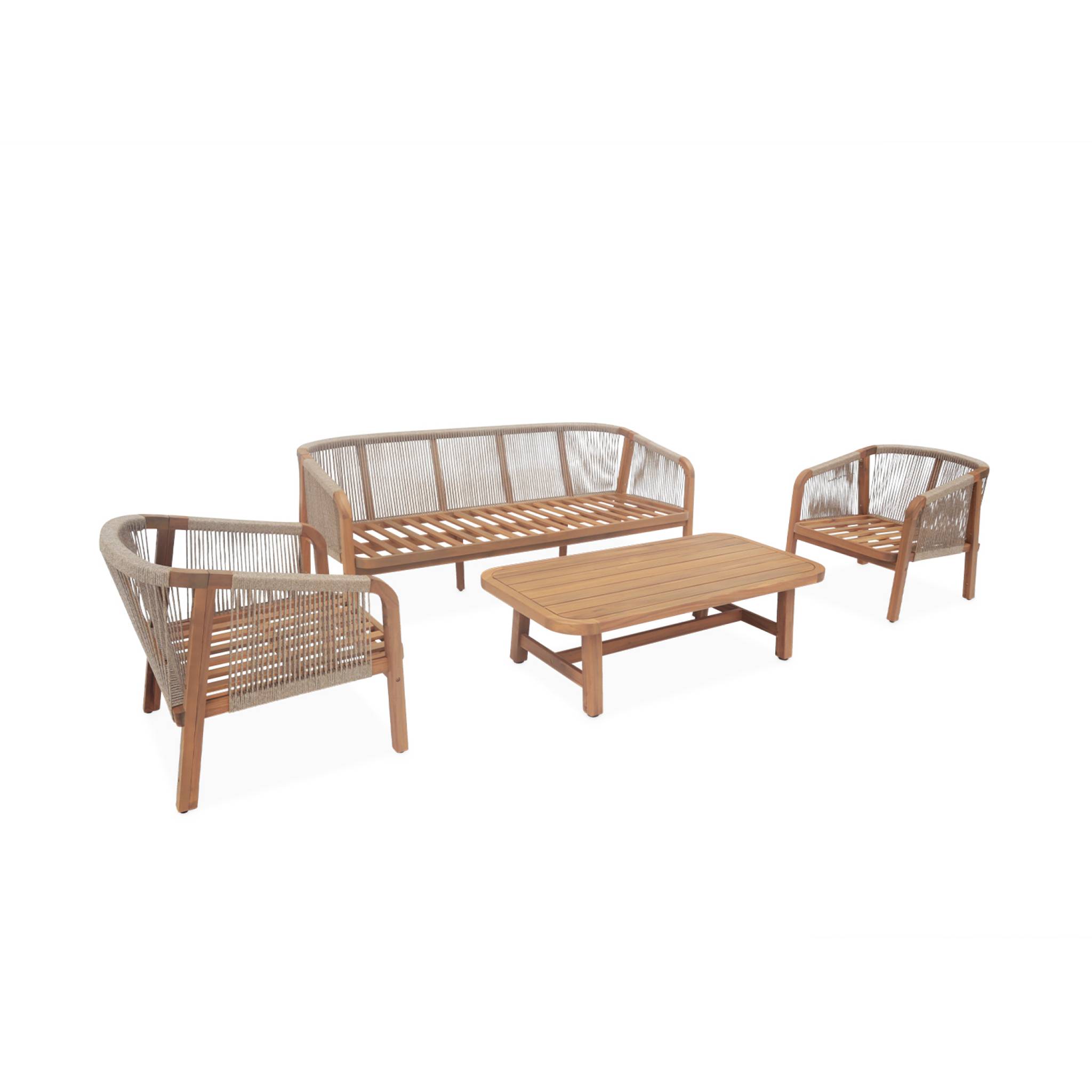 Salon de jardin en bois et cordes, coussins beige