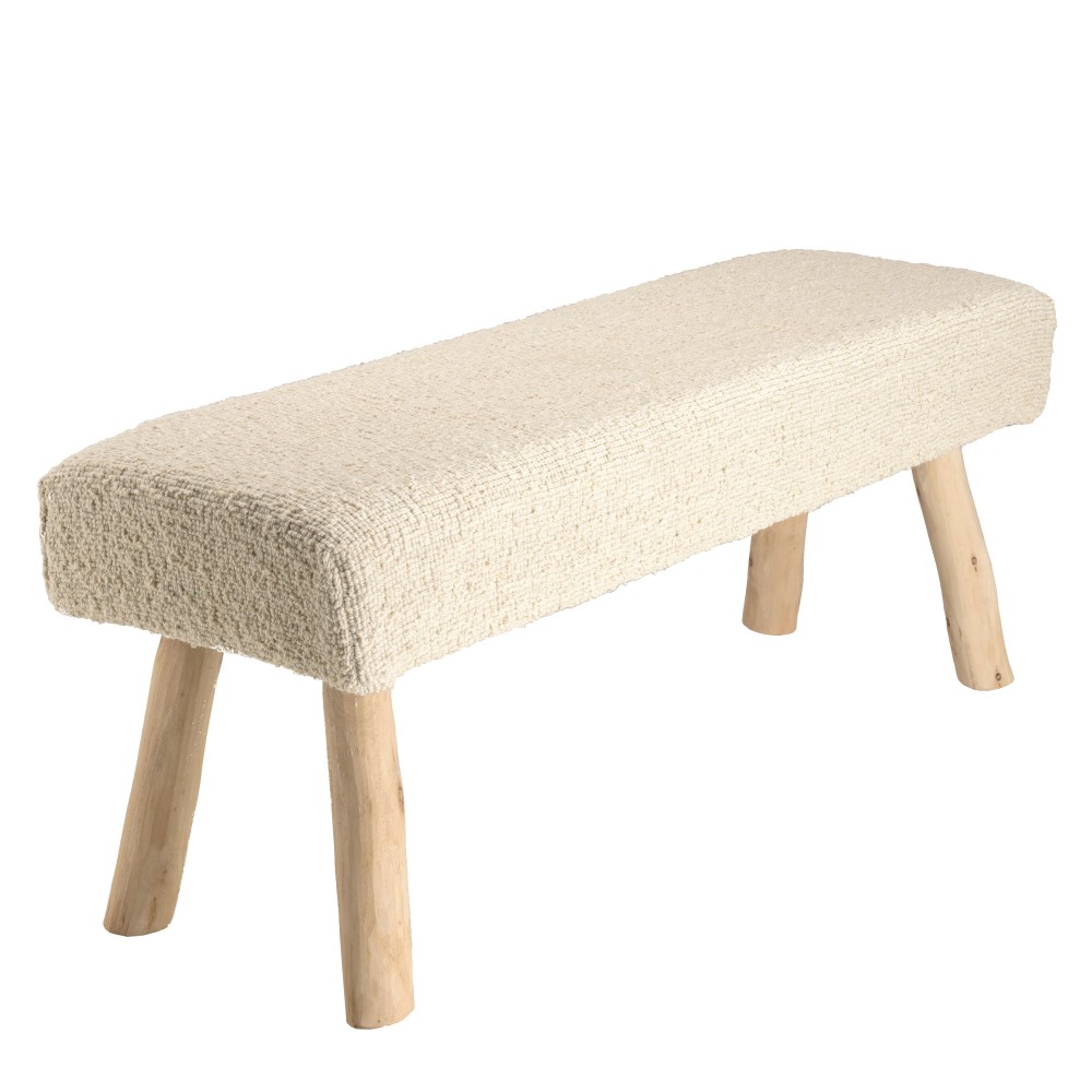 Banc 120x40cm en laine texturée ivoire pieds en bois naturel