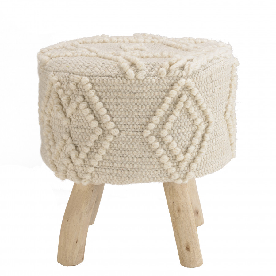 tabouret rond 40x40cm laine motifs losanges ivoire pieds bois