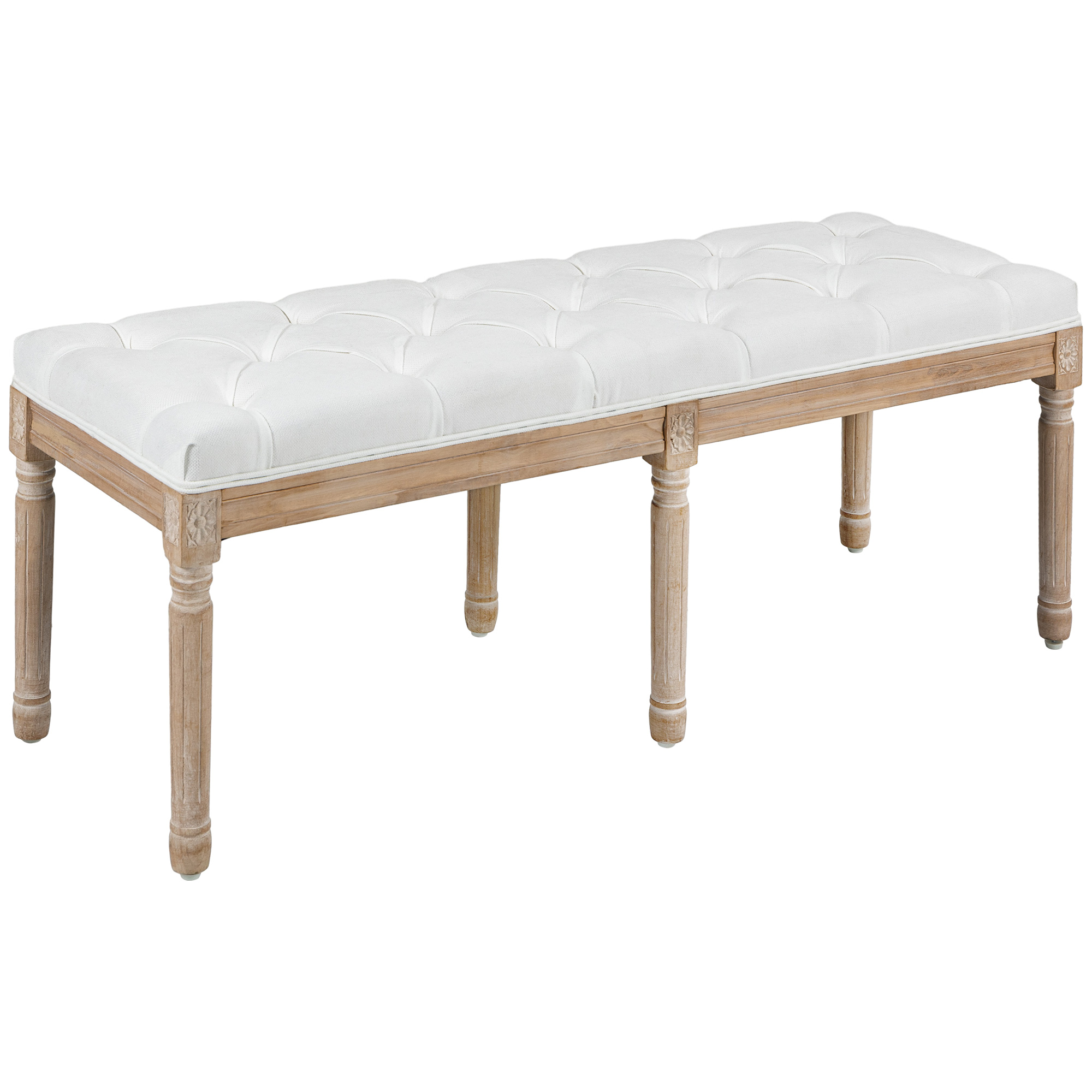 Tabouret capitonné style classique bois sculpté patiné tissu crème