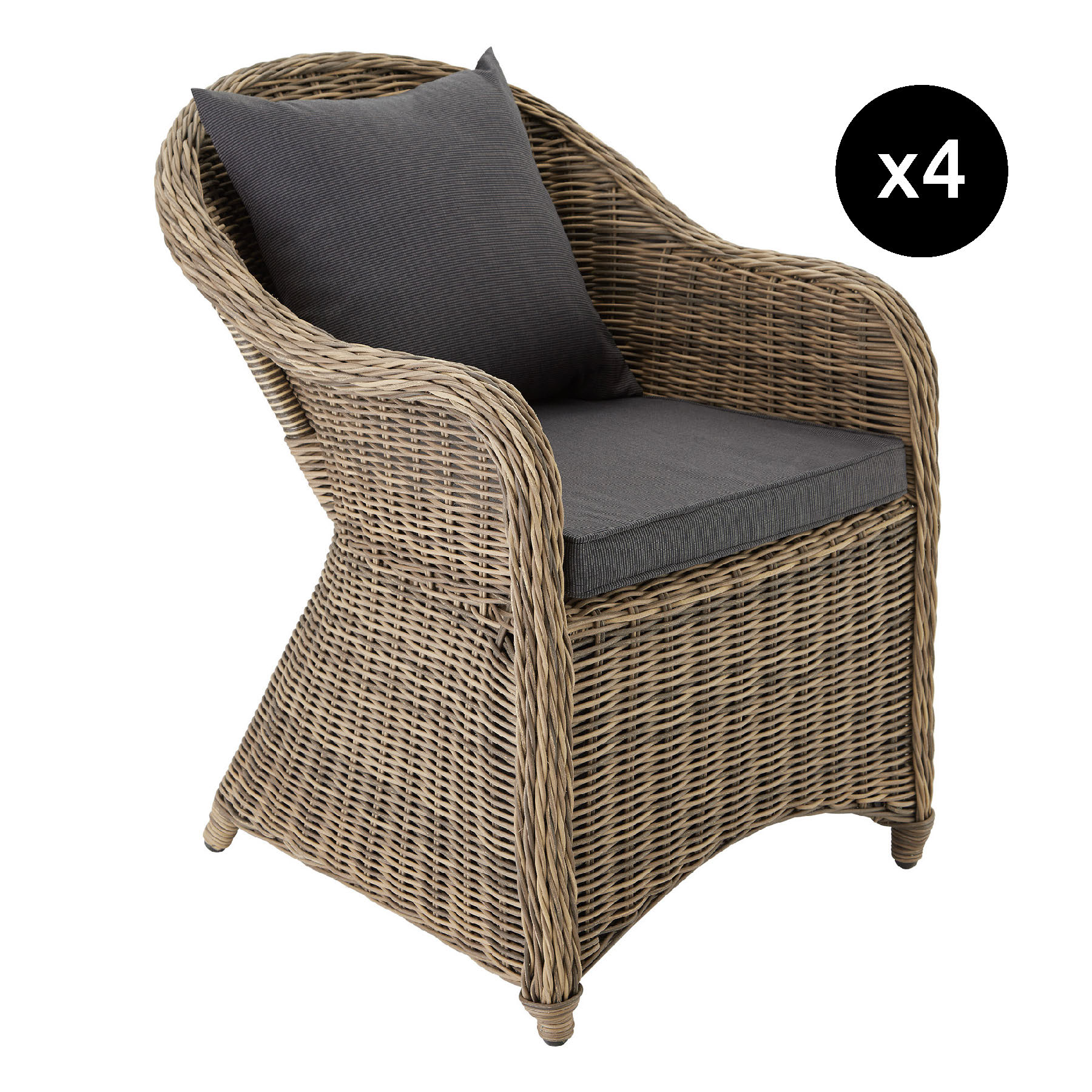 Lot de 4 fauteuils de jardin en rotin marron naturel