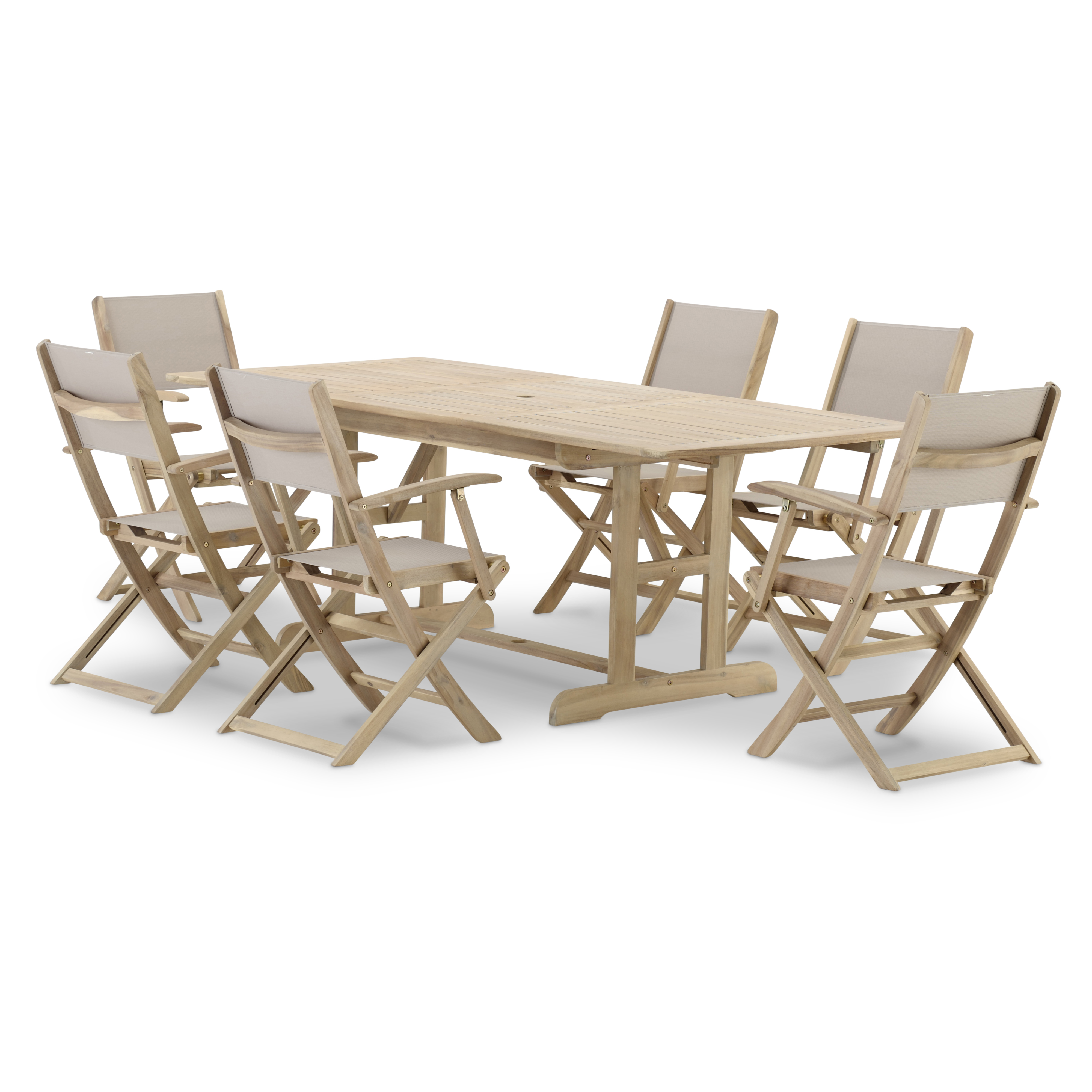 Ensemble table ext 150/210x90 + 6 chaises bois et textile beige