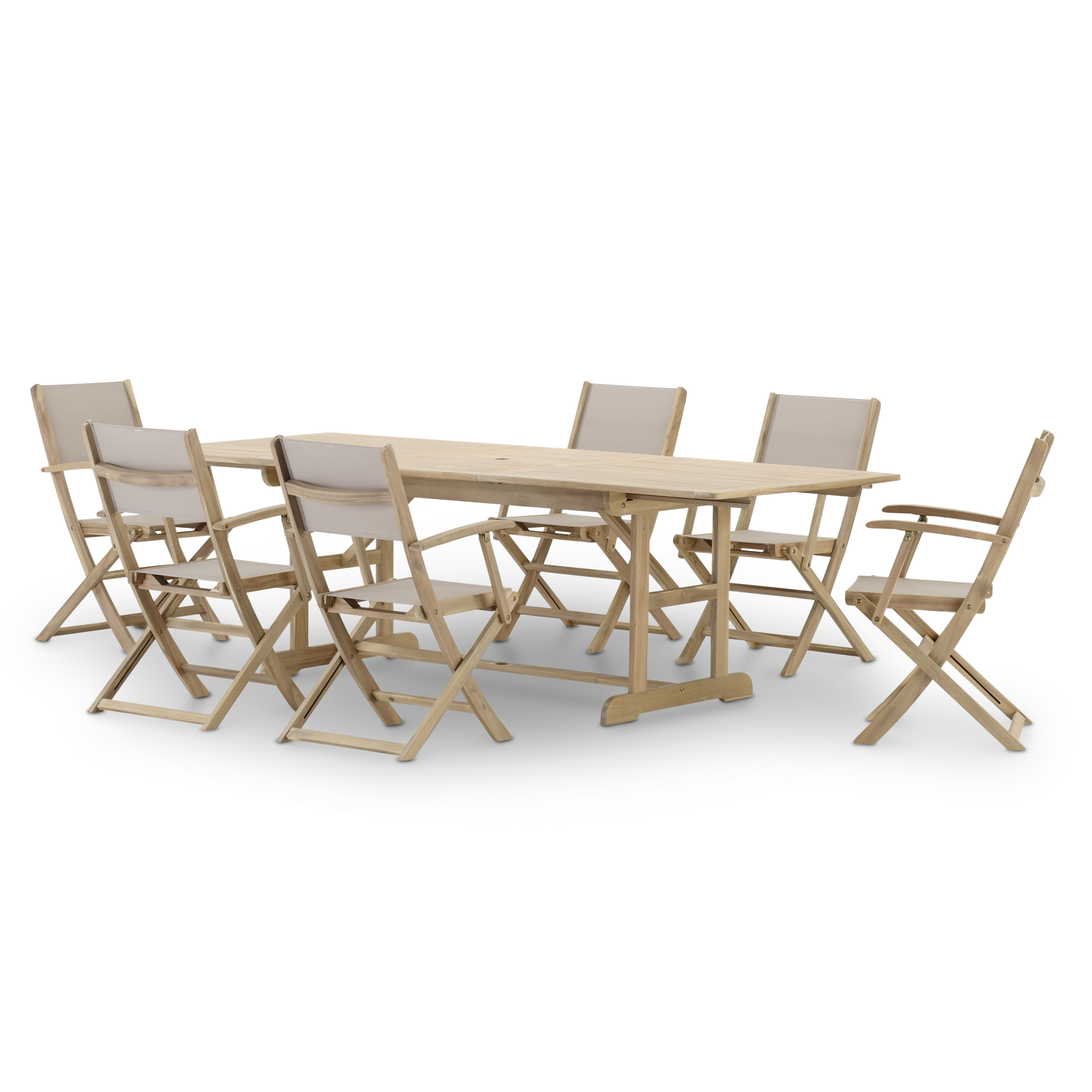 Ensemble table ext 180/240x100 + 6 chaises bois et textile beige