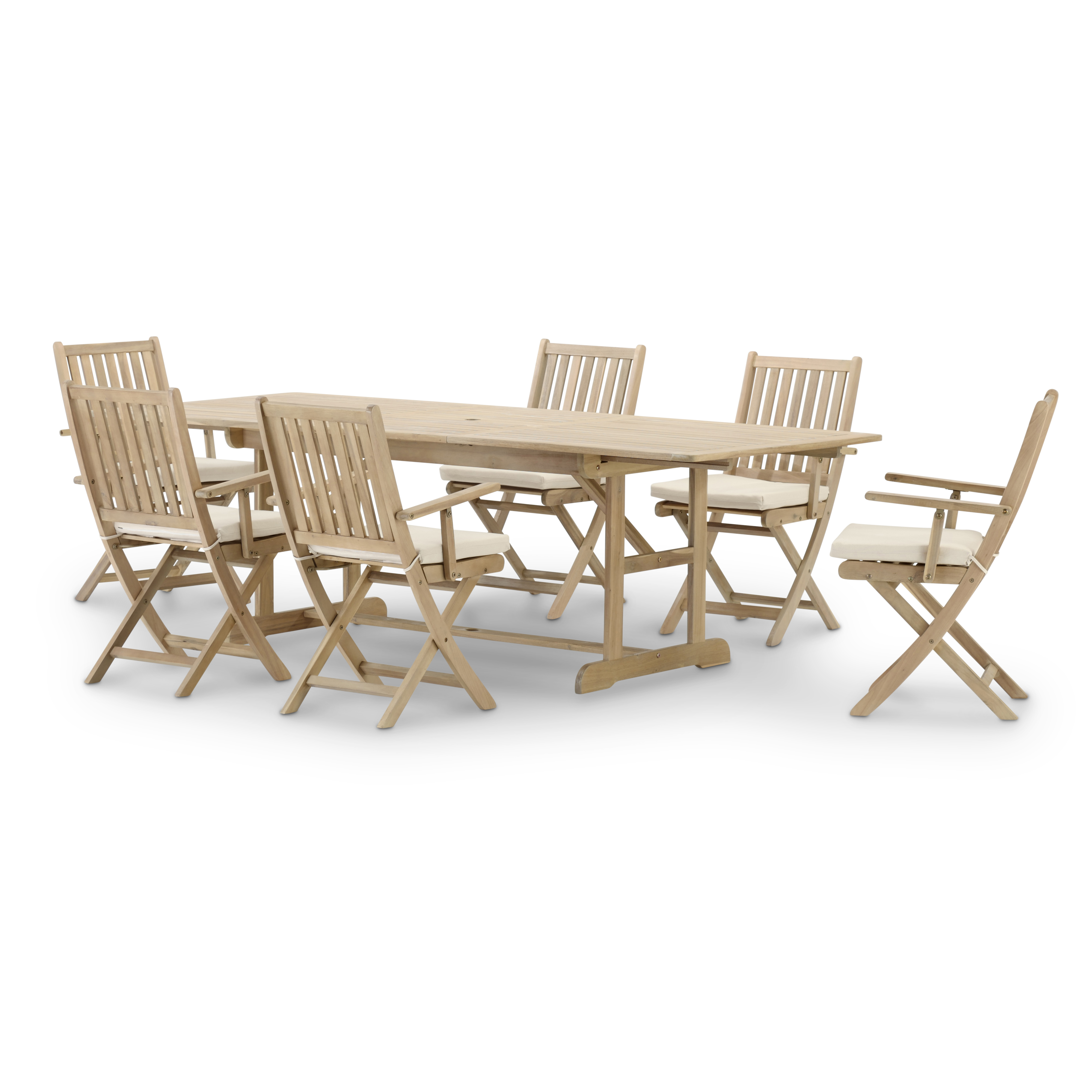 Ensemble table ext 180/240x100 + 6 fauteuils avec coussins