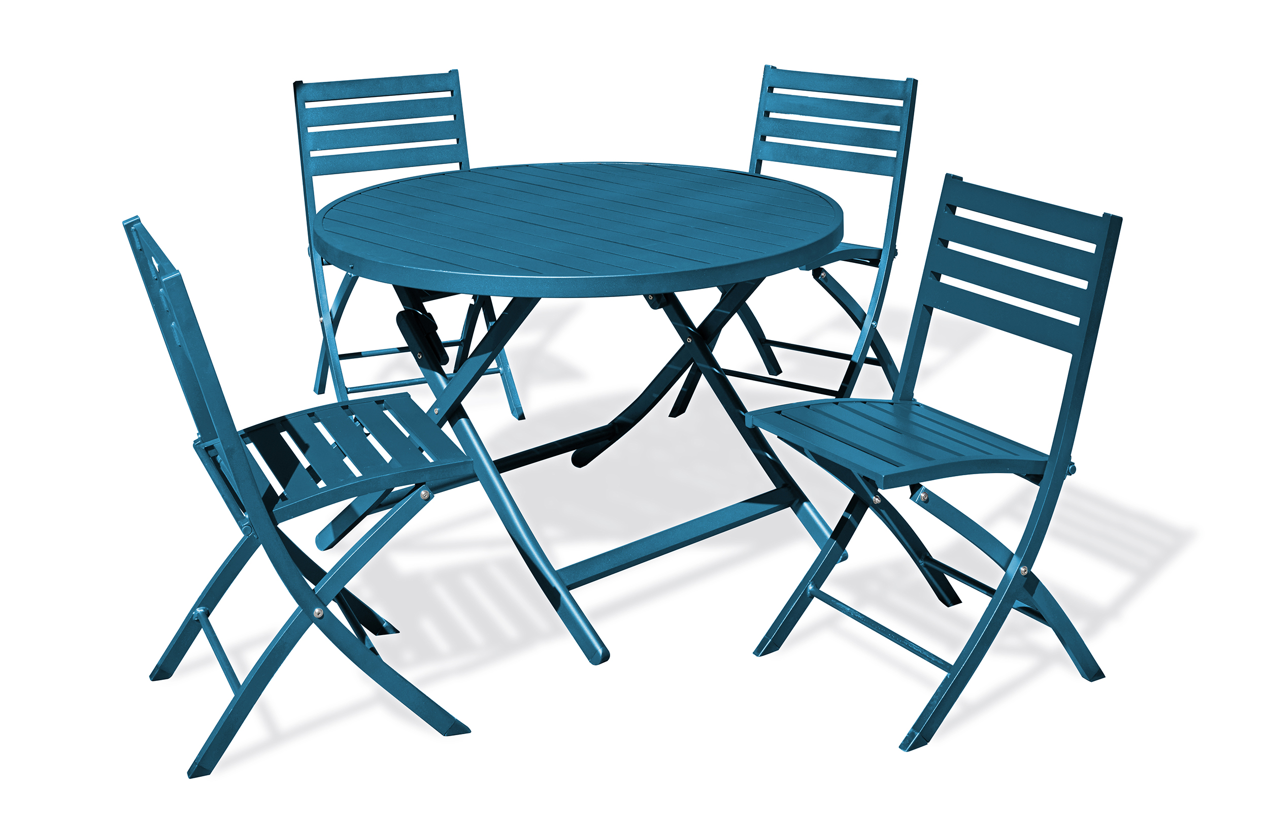 Ensemble repas de jardin 4 places en aluminium bleu canard