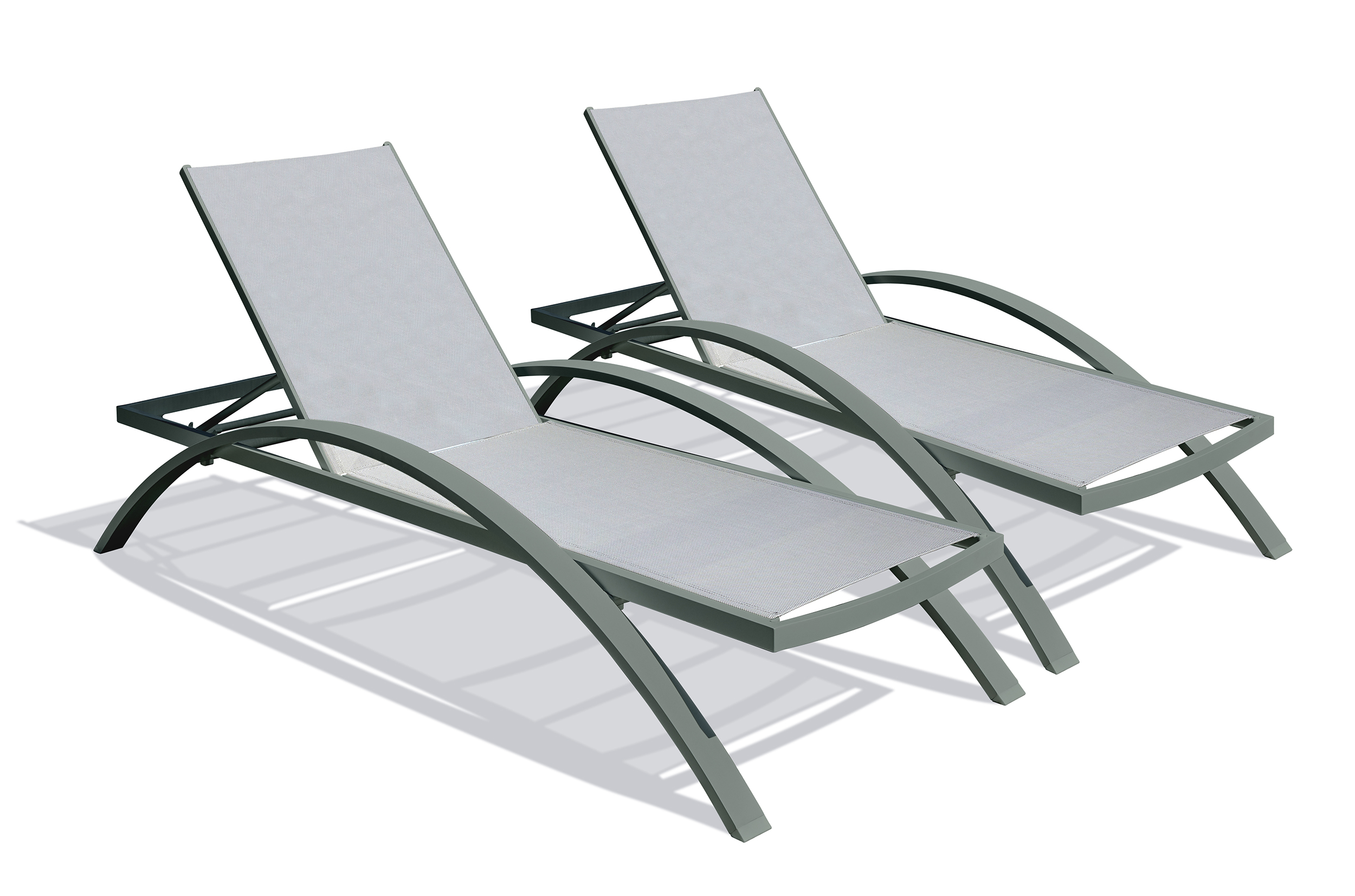 Lot de 2 bains de soleil en toile plastifiée grise et aluminium kaki