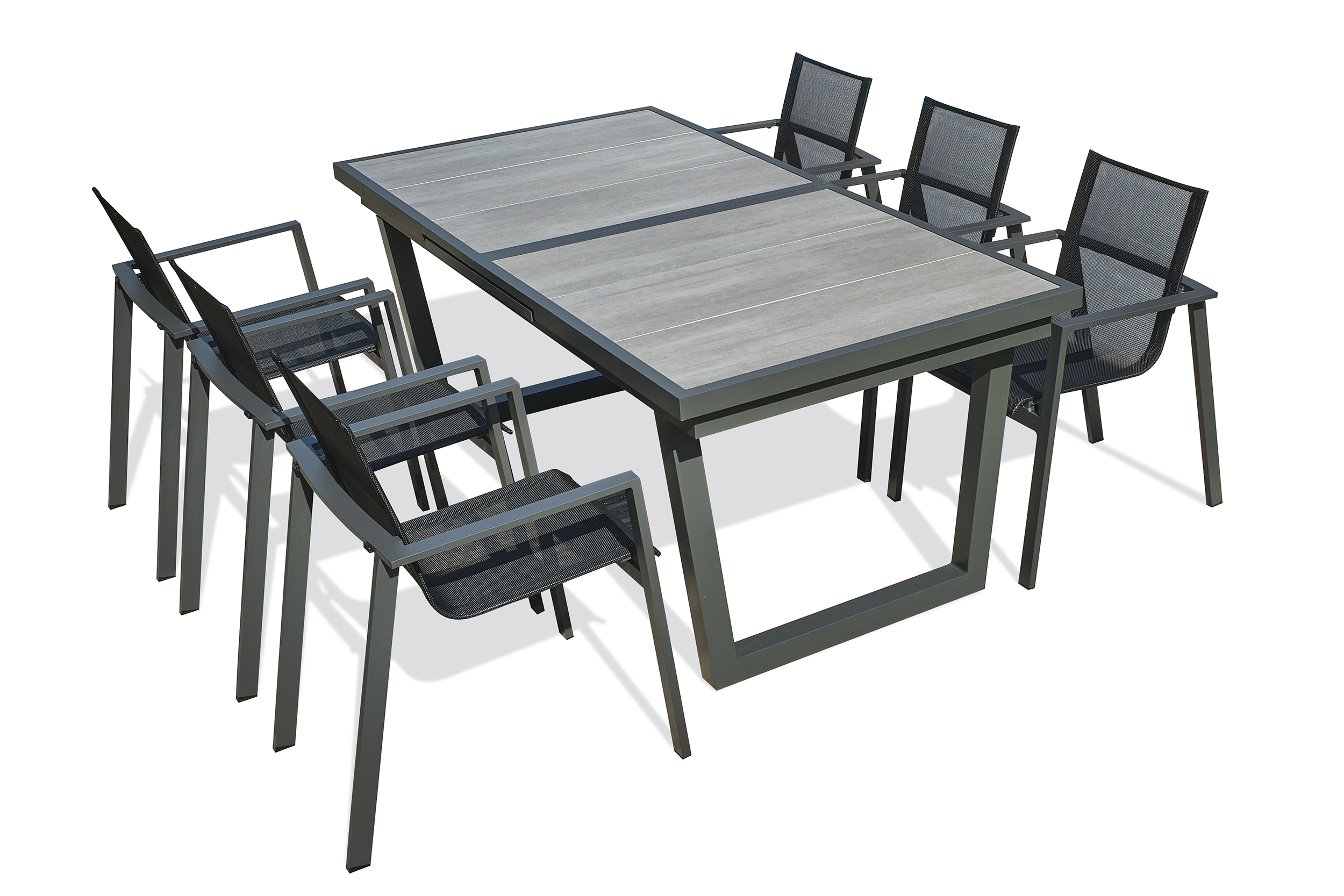 Ensemble repas 6 places en aluminium anthracite et plateau céramique