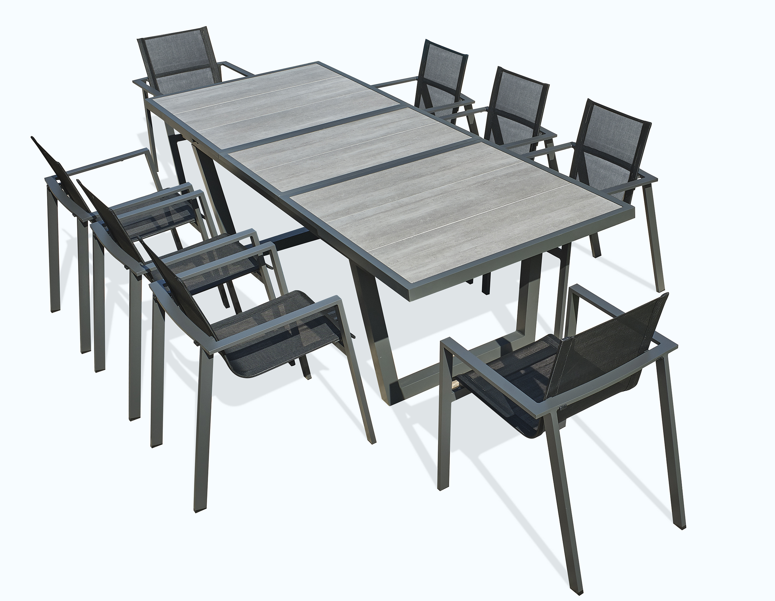 Ensemble repas 8 places en aluminium anthracite et plateau céramique