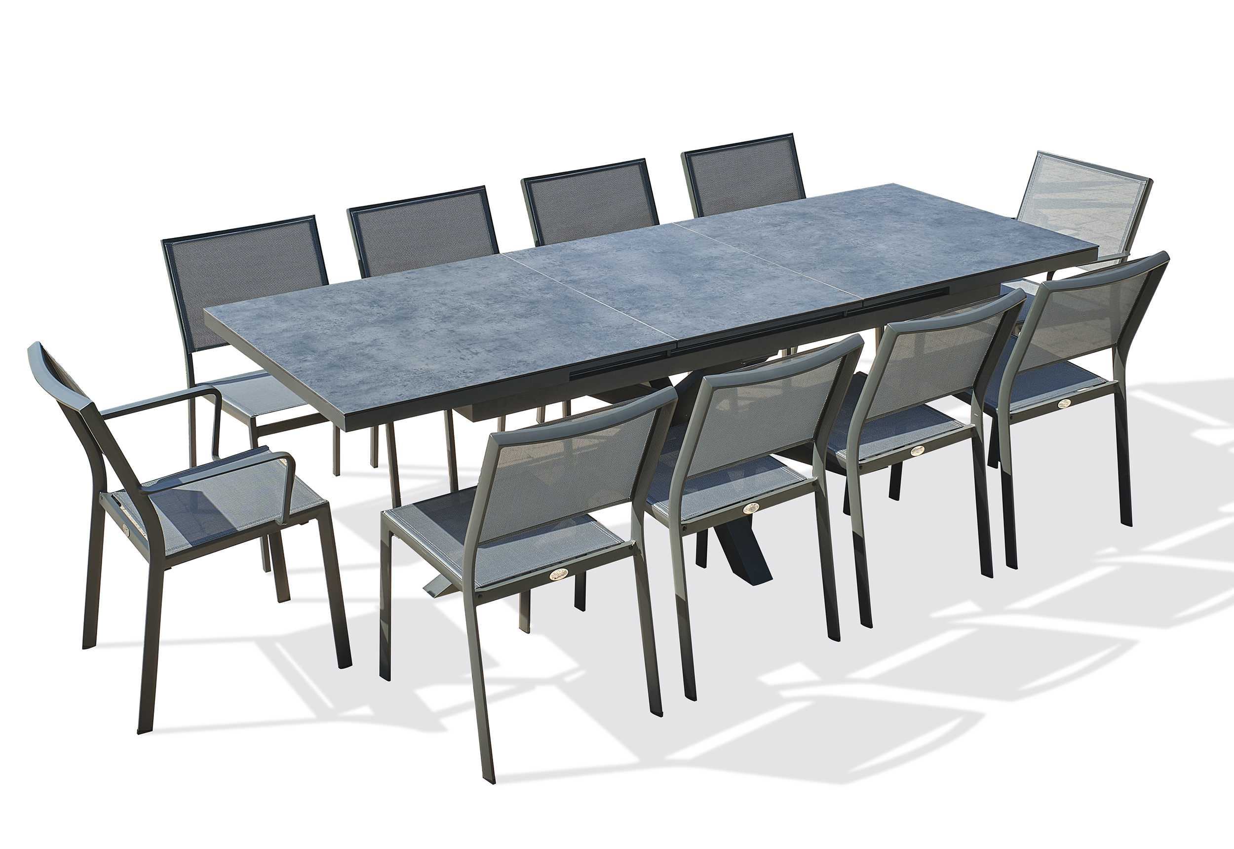 Ensemble repas de jardin 10 places en aluminium avec HPL effet marbre