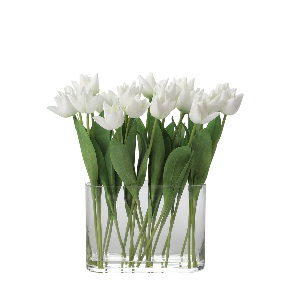 Composition de 20 tulipes artificielles avec vase blanche et verte H41