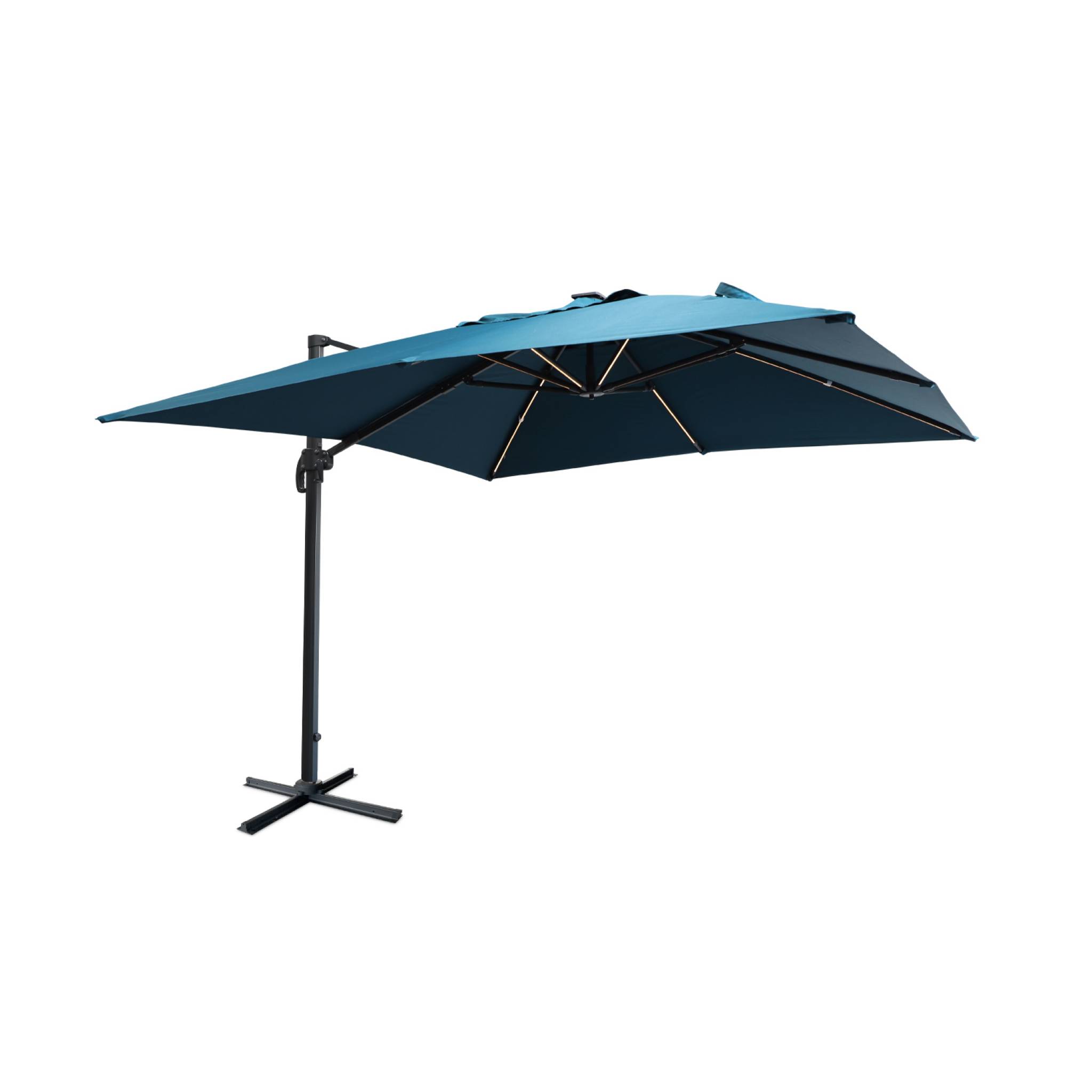 Parasol déporté solaire led 3x3m bleu canard + housse