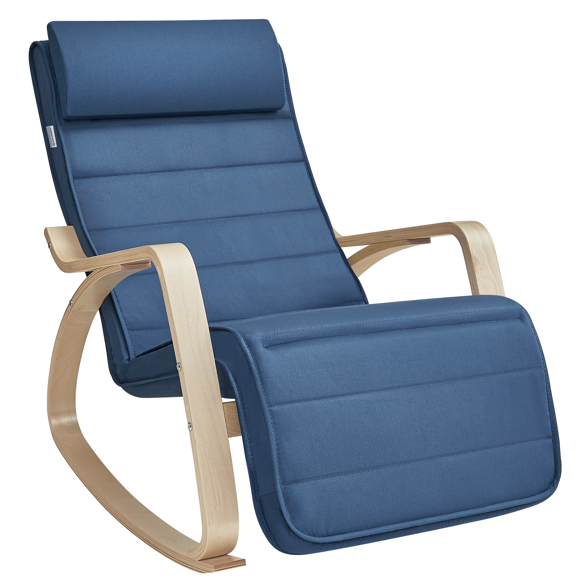 fauteuil à bascule effet bois tissu bleu minuit et couleur boisée