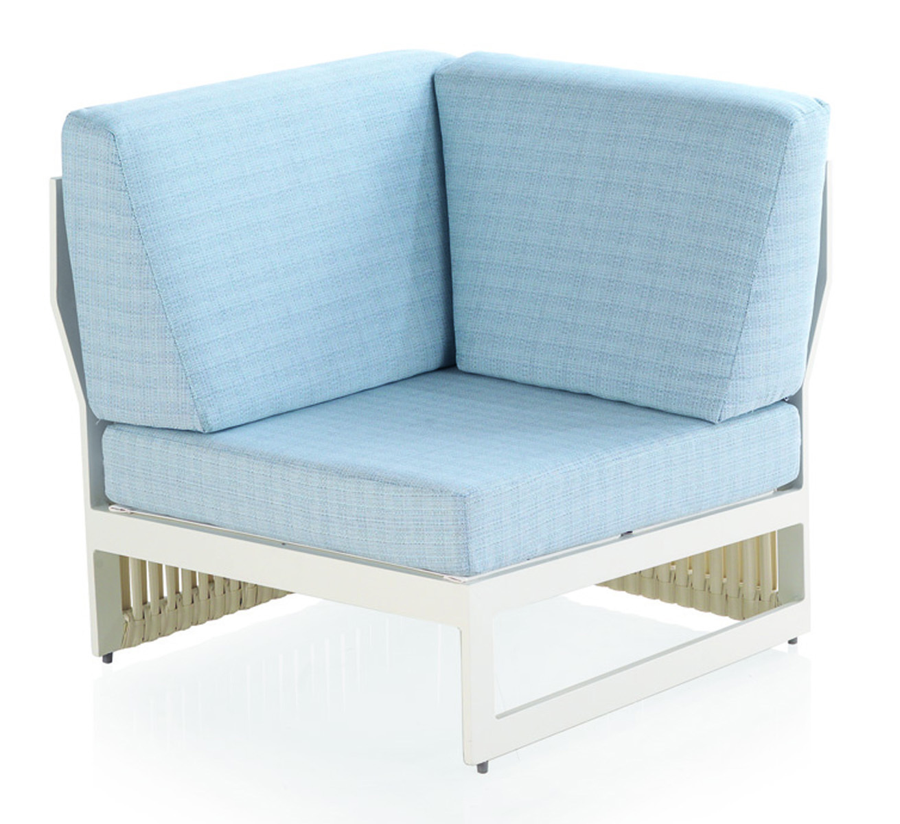 Fauteuil d'angle en aluminium et fibre blanche avec coussins bleus