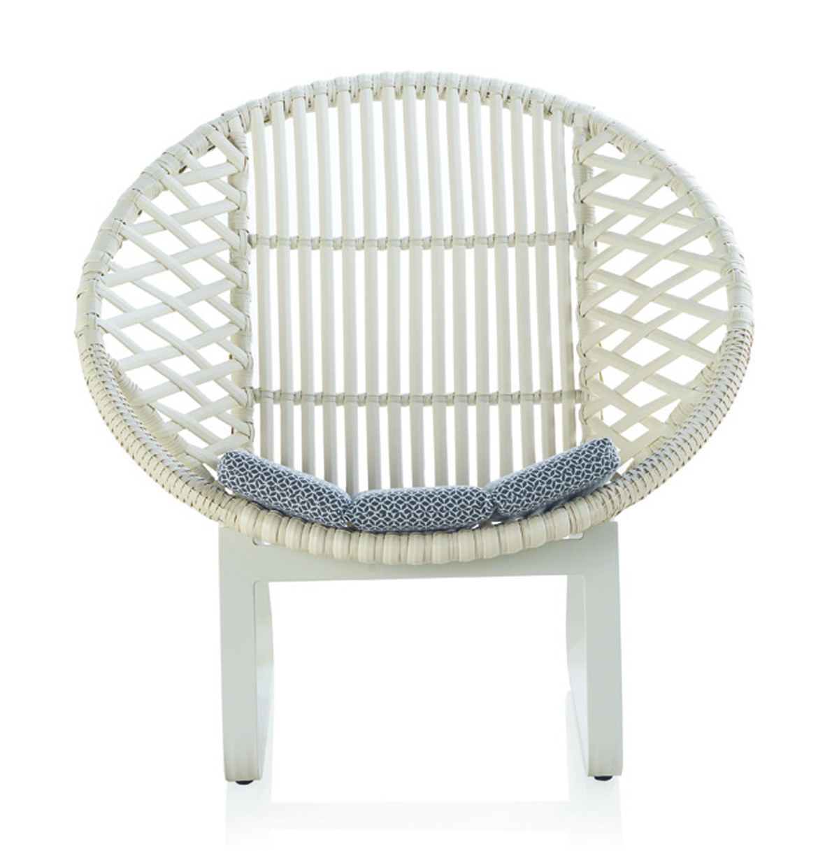 Fauteuil circulaire aluminium blanc avec coussin bleu