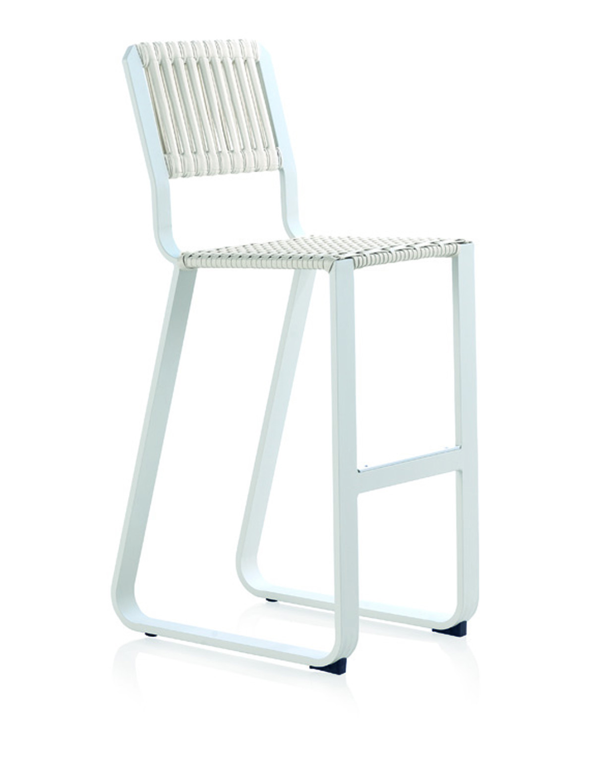 Tabouret en aluminium et fibre synthétique blanche avec coussin bleu