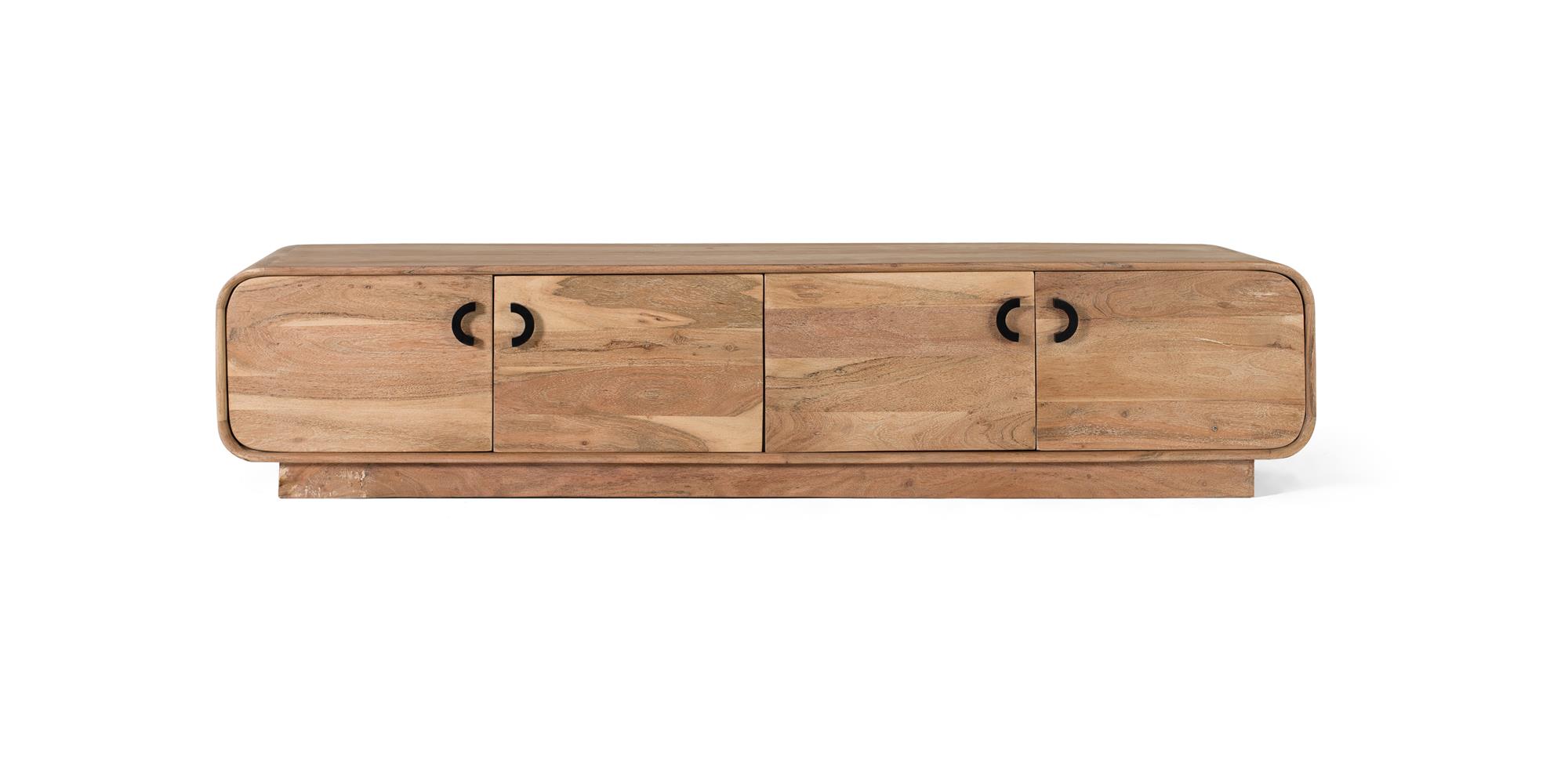 Meuble TV avec 4 portes fabriqué à la main en bois d&rsquo;acacia naturel
