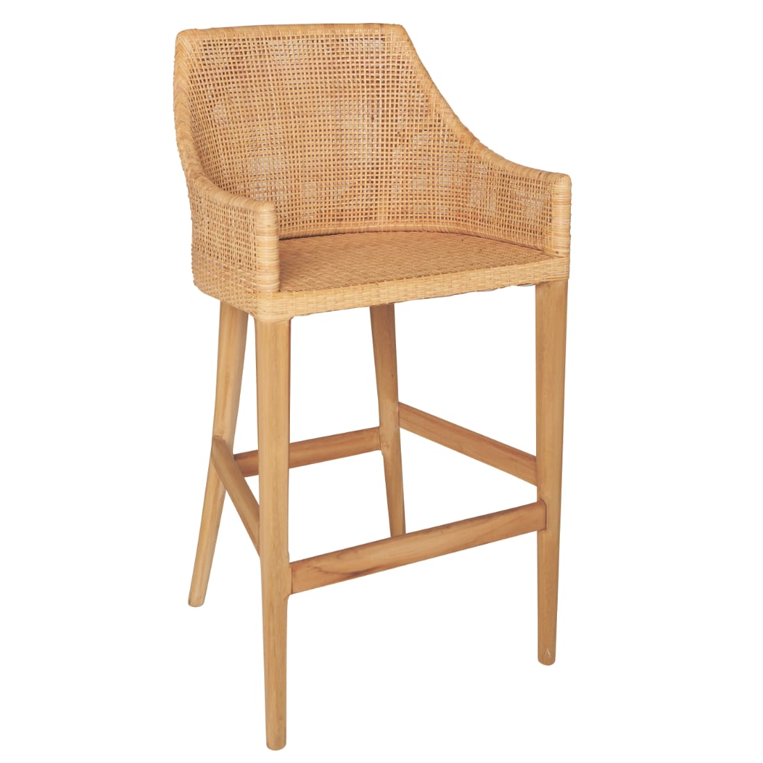 Tabouret de bar en cannage de rotin et teck beige