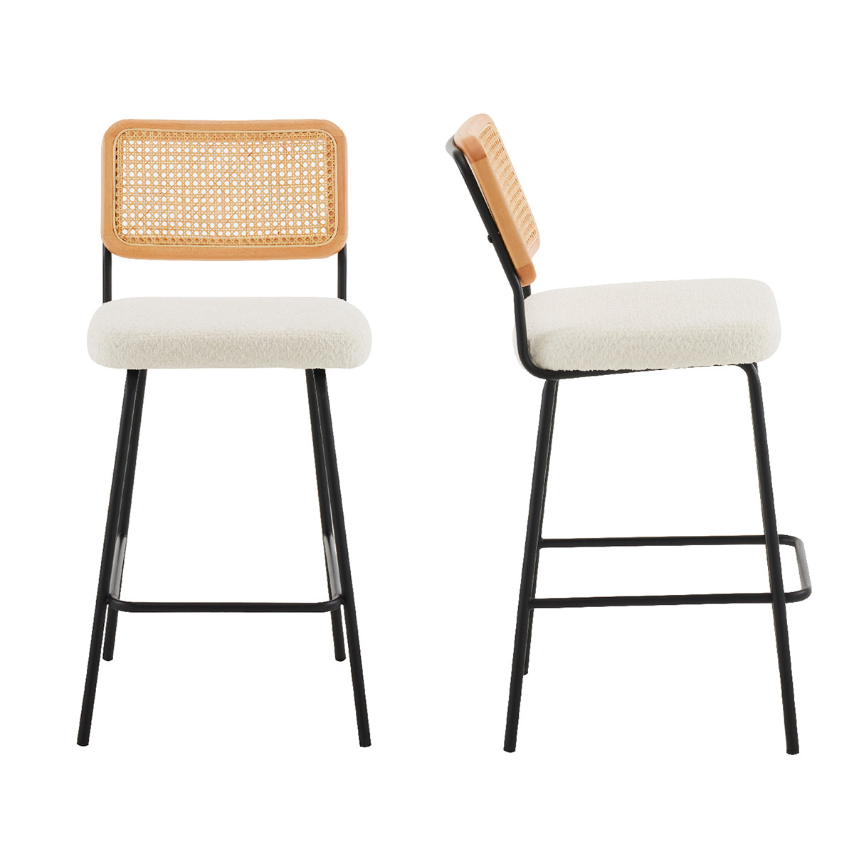 Lot de 2 tabourets de bar en tissu bouclé écru et cannage naturel