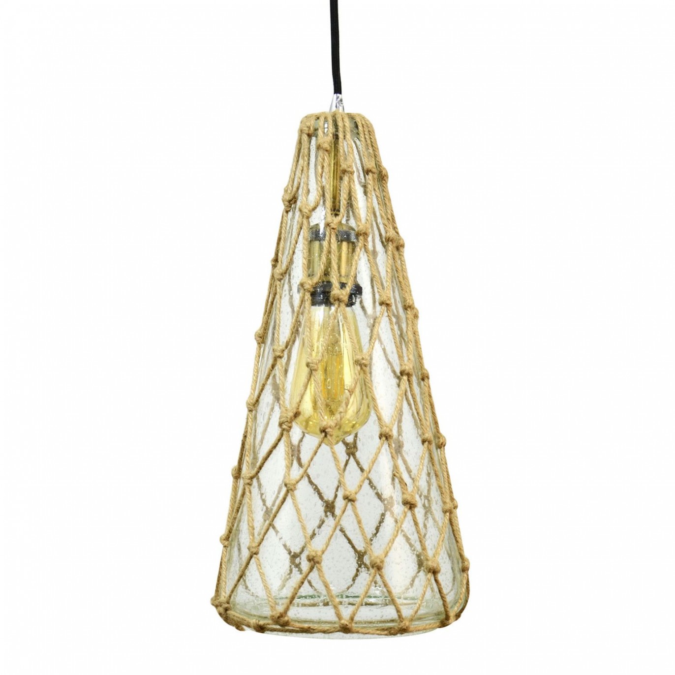 Suspension en verre transparent et corde marron