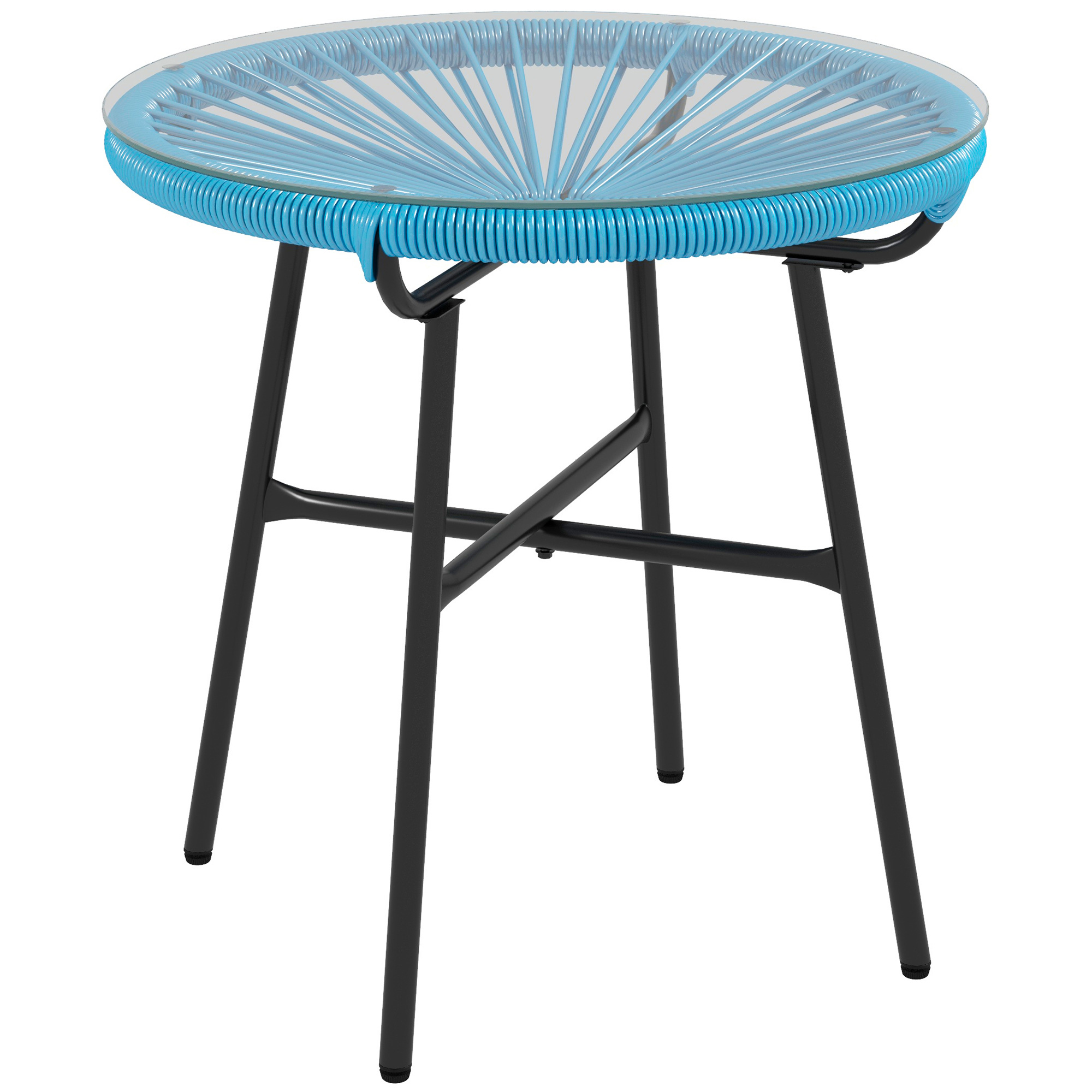 table basse ronde de jardin résine verre trempé bleu