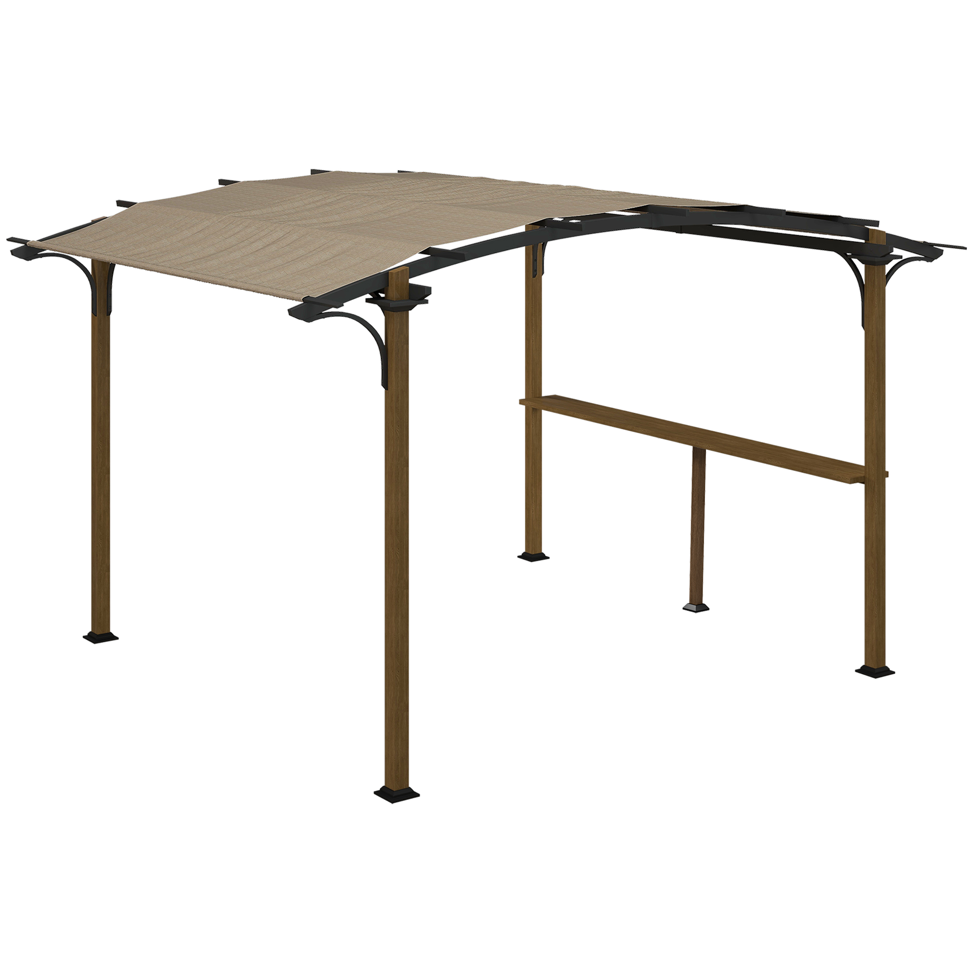 Pergola avec comptoir toit arche alu acier style bois noir toile grège