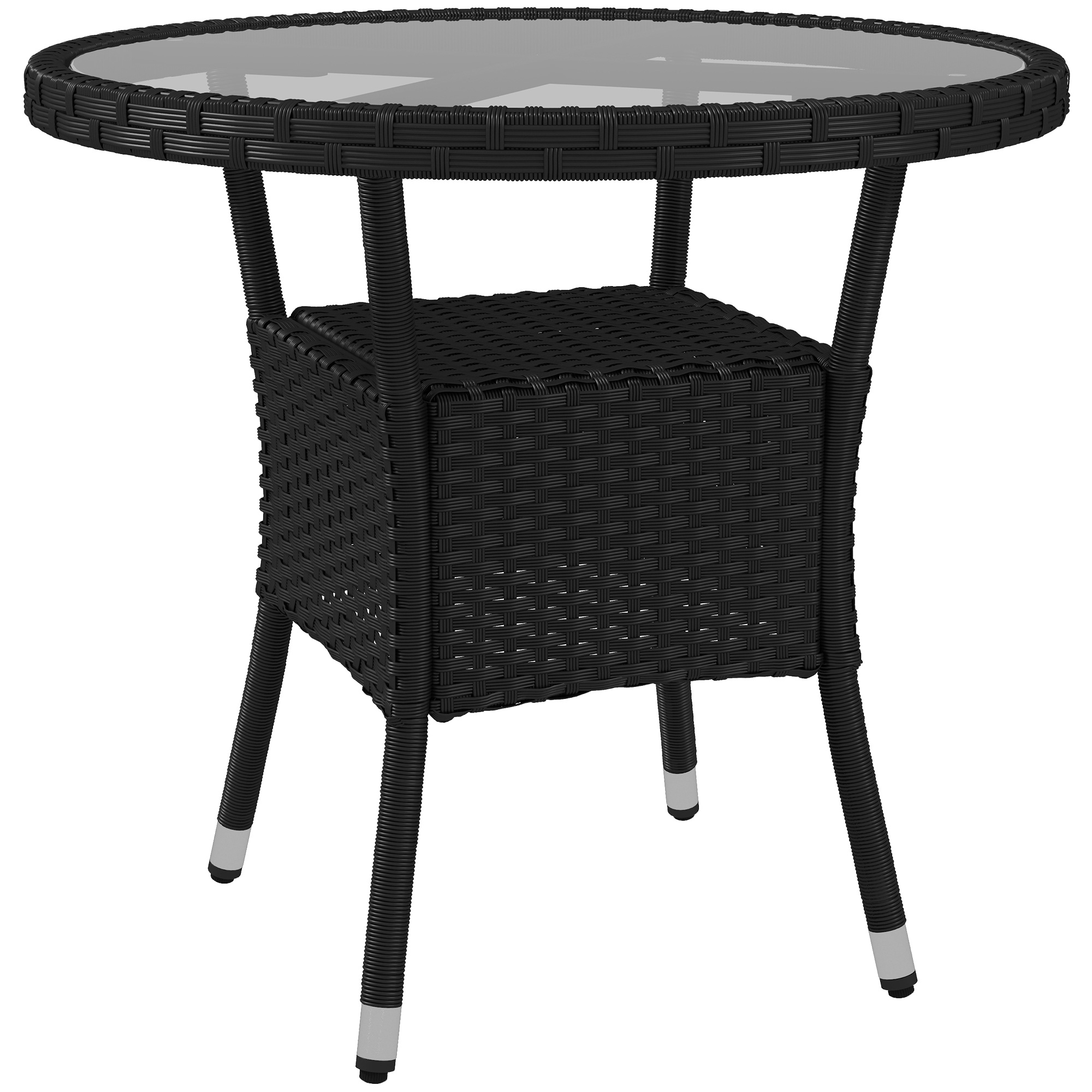 Table ronde de jardin résine tressée plateau verre trempé étagère noir