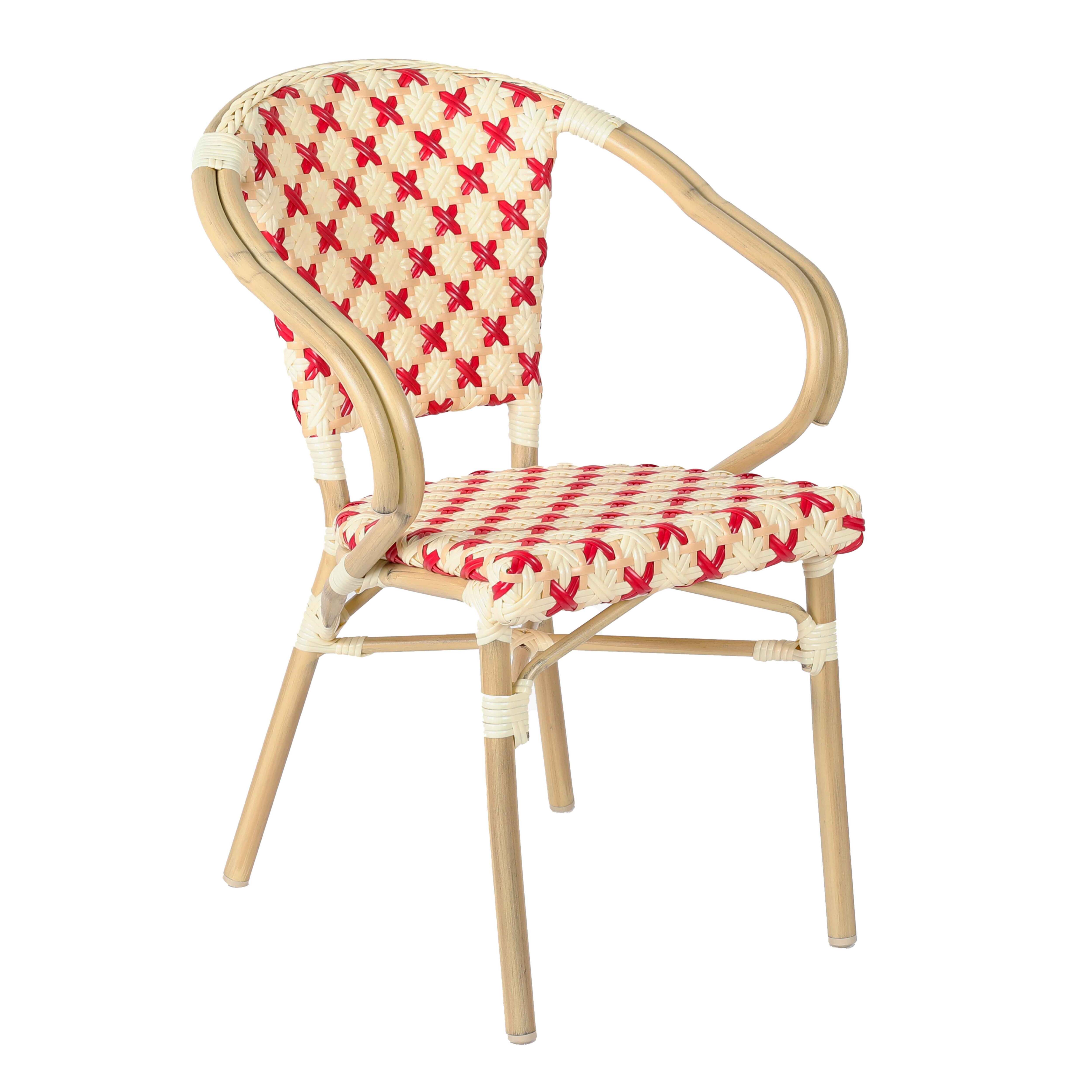 Fauteuil de terrasse bistrot parisien en aluminium et rotin rouge