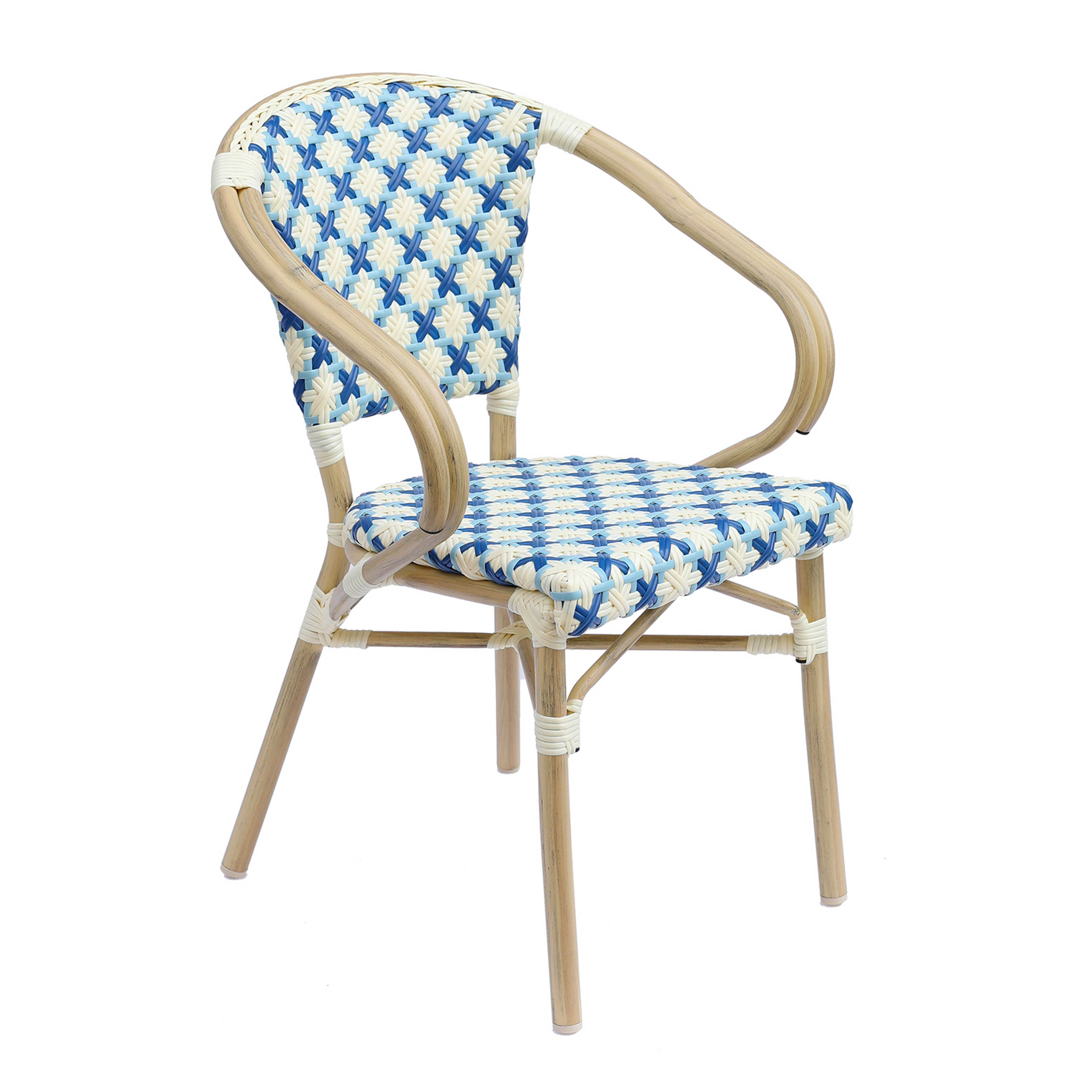 Fauteuil de terrasse bistrot parisien en aluminium et rotin bleu