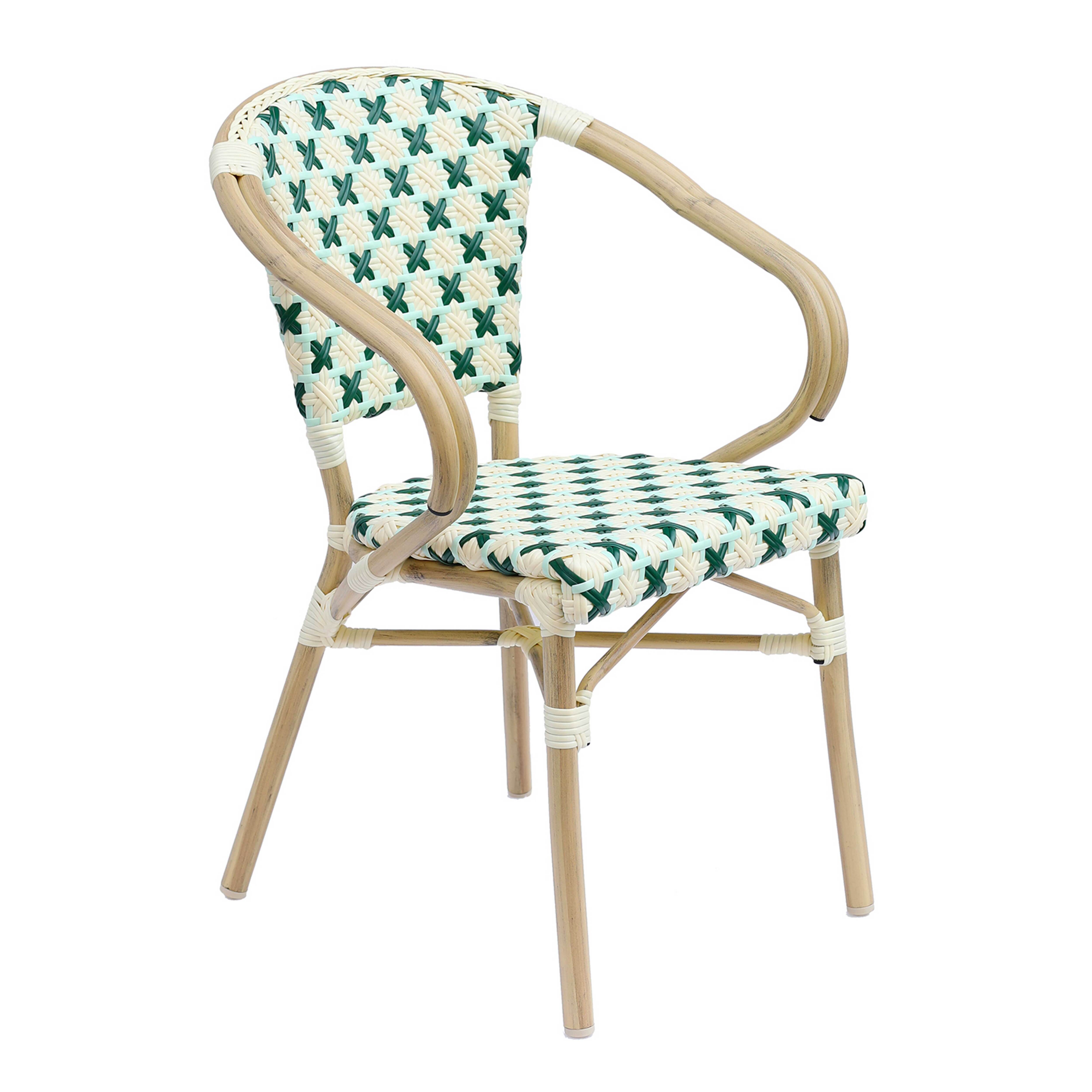 Fauteuil de terrasse bistrot parisien en aluminium et rotin vert foncé