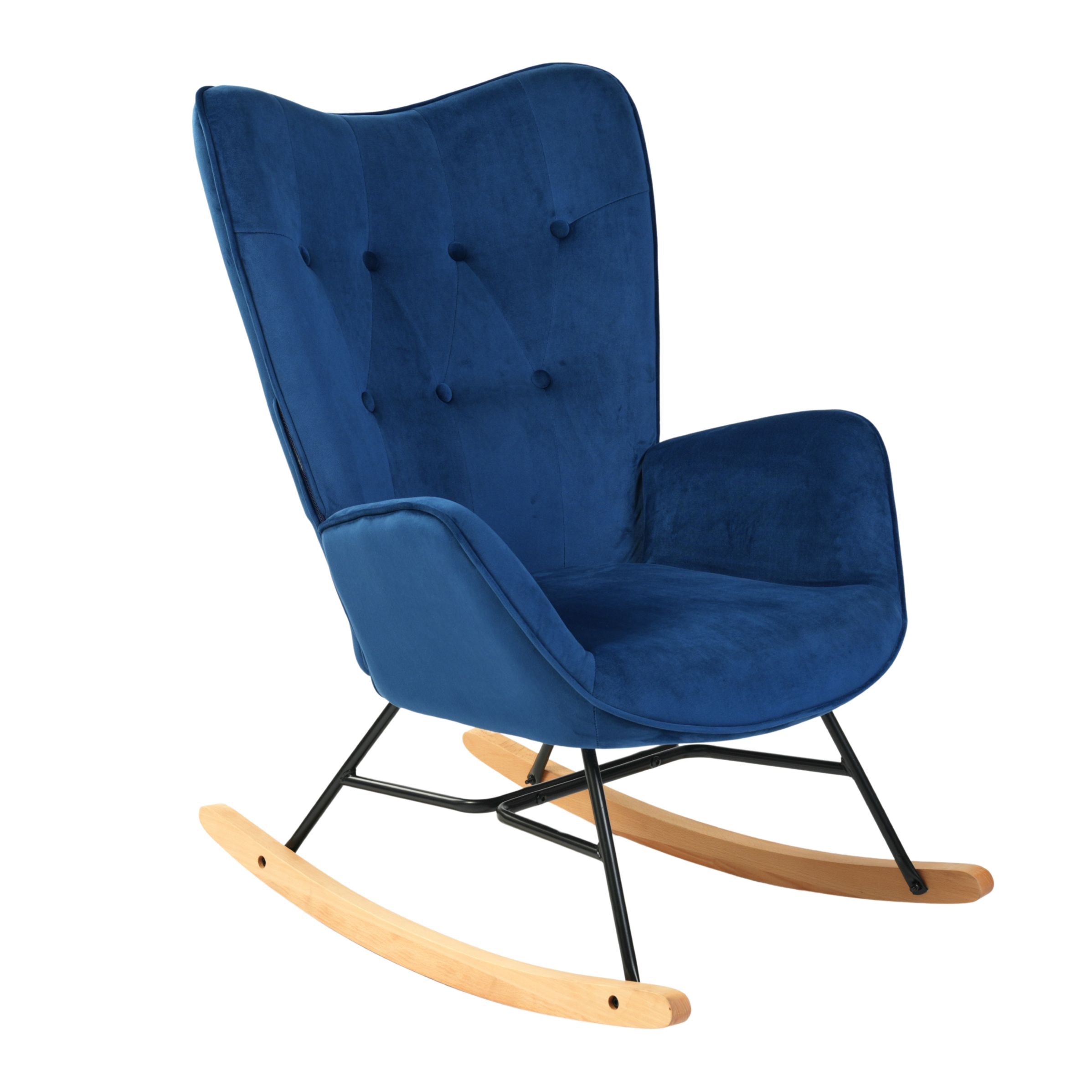 fauteuil scandinave capitonné à bascule en tissu bleu