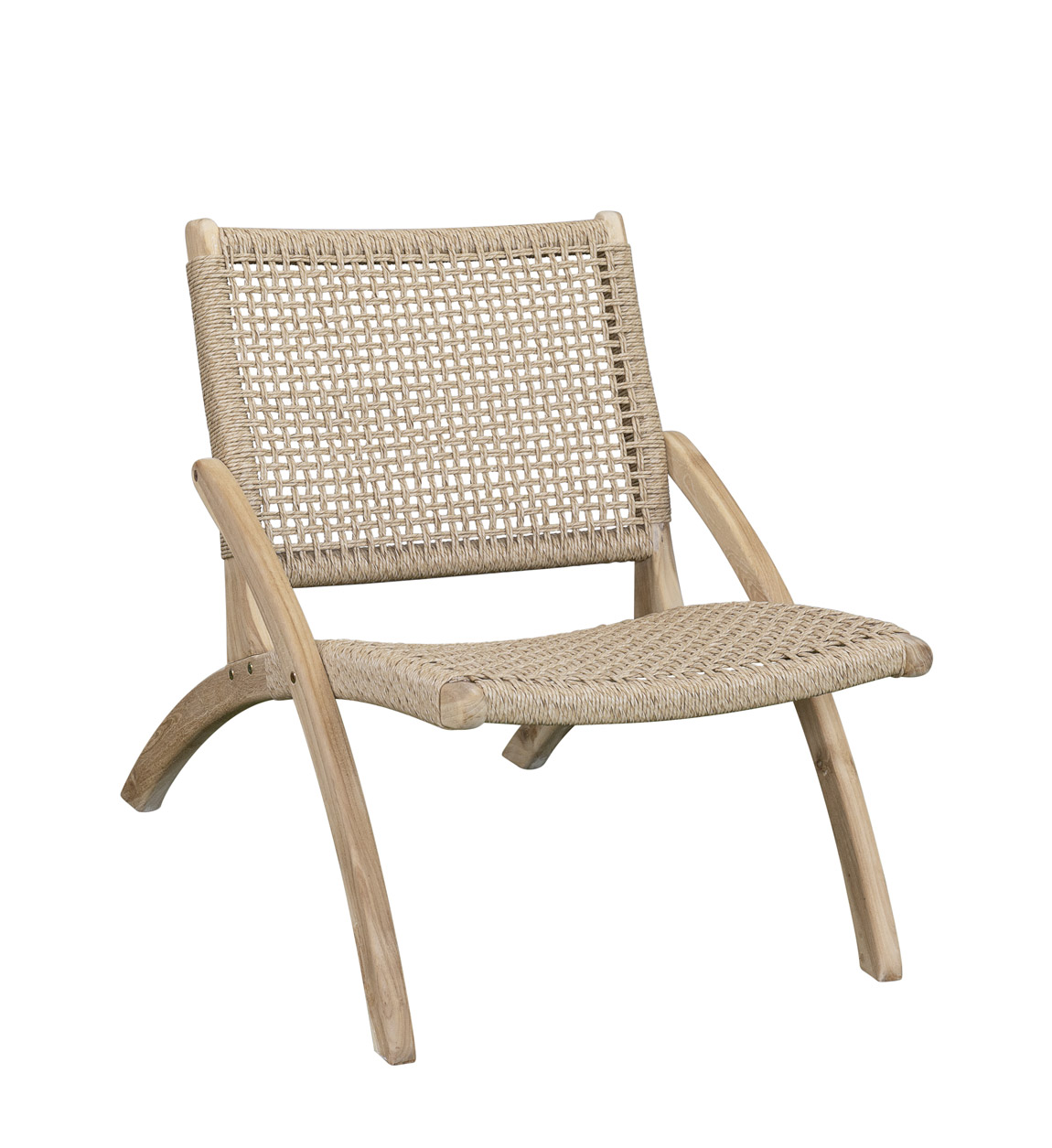 fauteuil bas en bois beige et corde bicolore