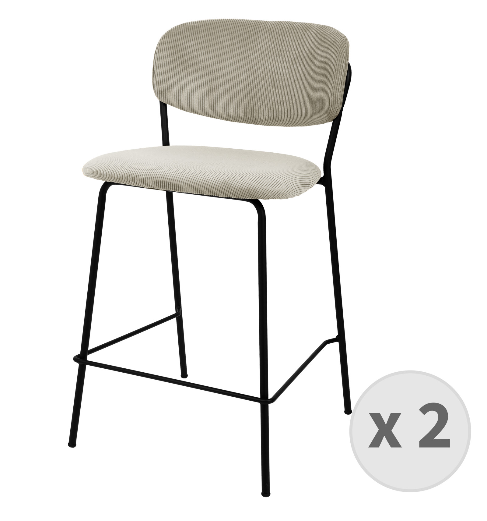 CLARA-Tabouret de bar en tissu cotelé Lin et métal noir mat (x2)