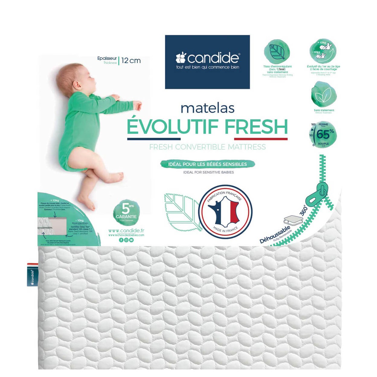 matelas évolutif fresh 360° bébé blanc tencel 60x120cm