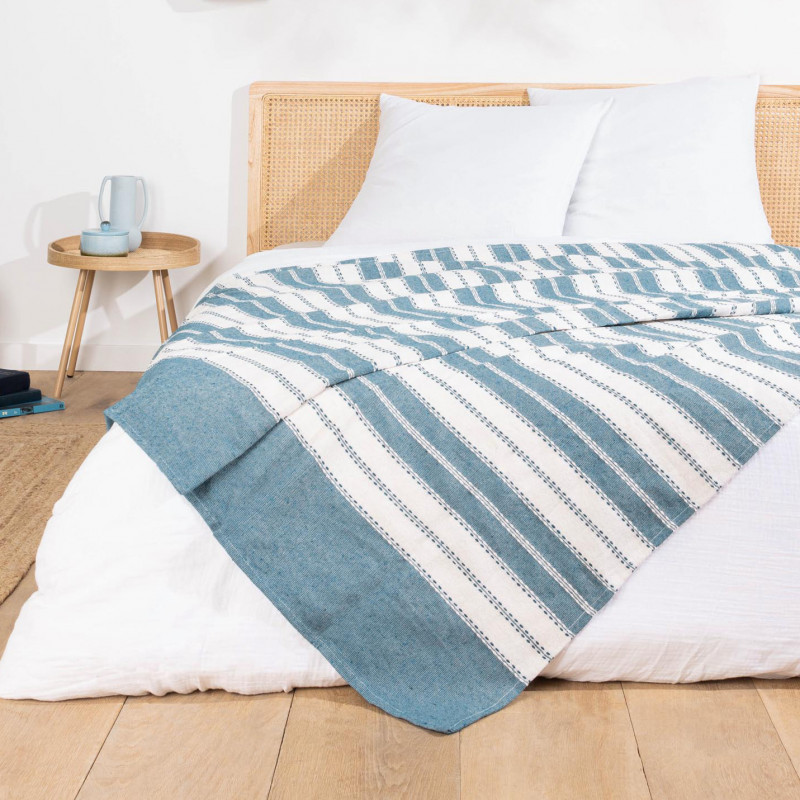 couvre lit bleu, coton & polyester jacquard 220x240cm