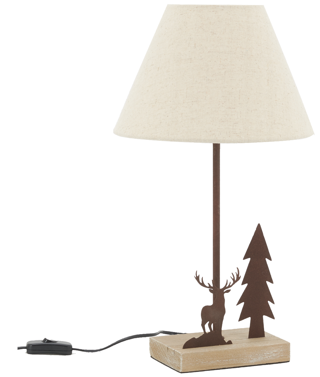 lampe en métal et bois décor forêt 1 cerf + 1 sapin