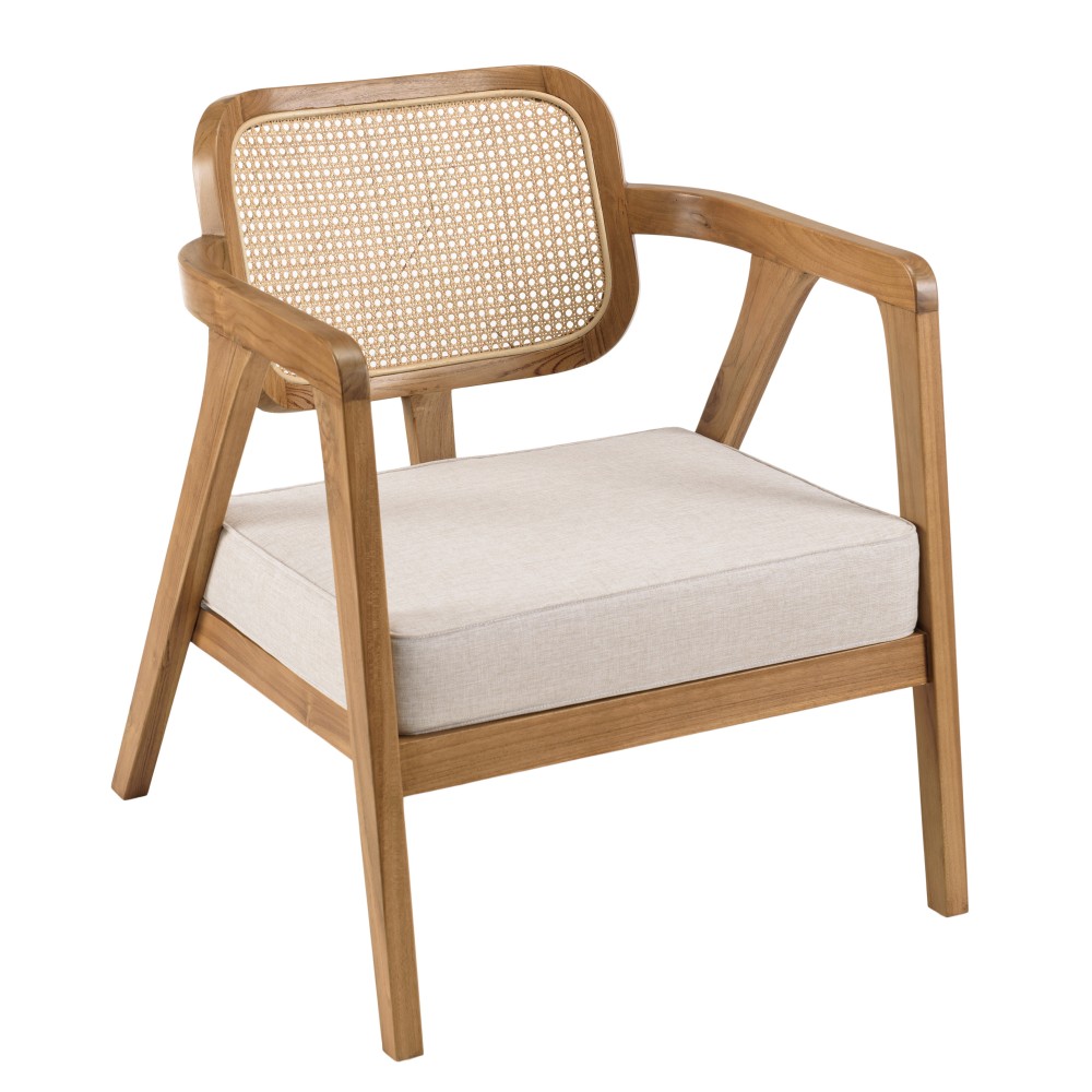 Fauteuil en teck dossier en cannage naturel coussin gris