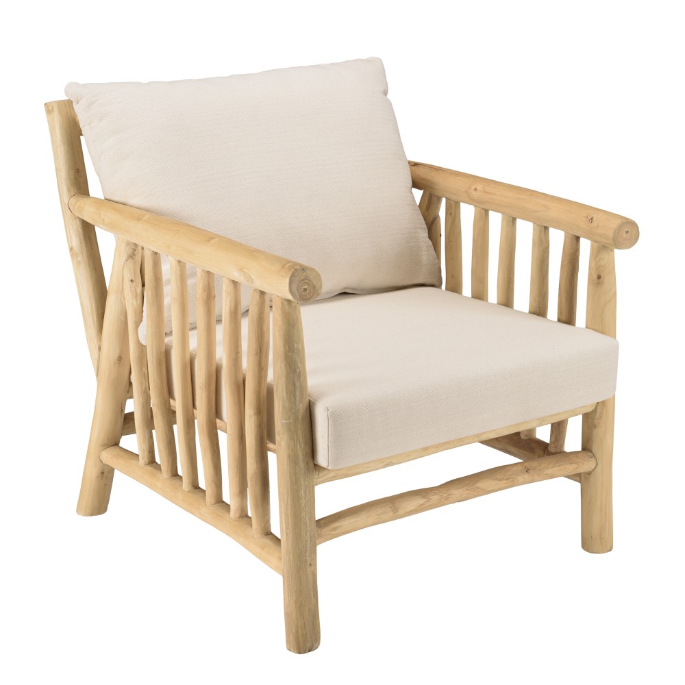 Fauteuil en branches de teck naturel coussins blancs