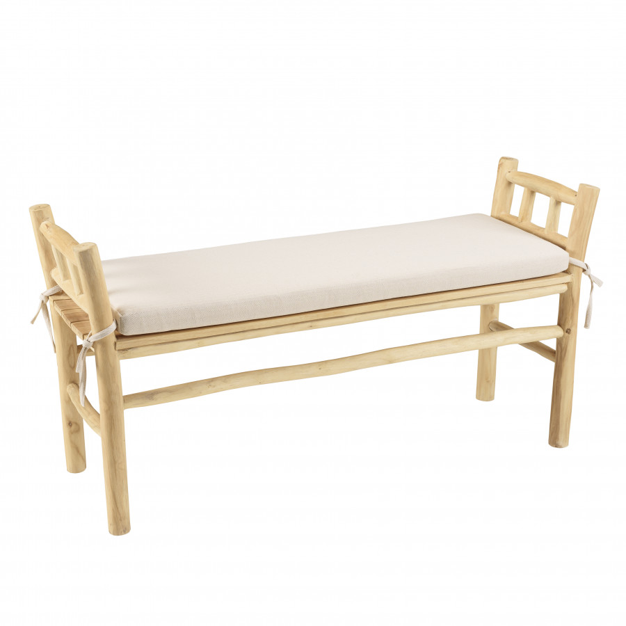 Banc en branches de teck naturel coussin blanc